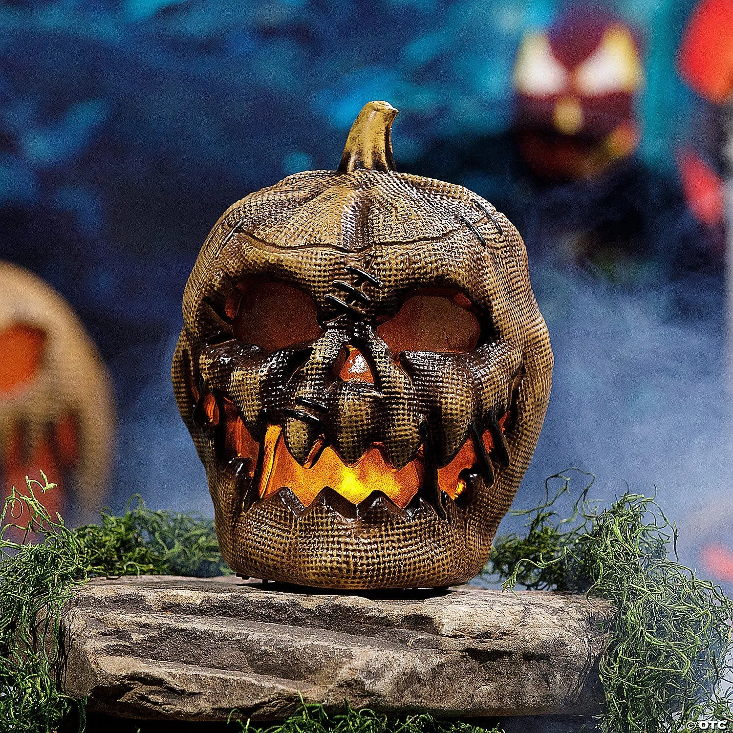 10" Animated Flaming Burlap Pumpkin