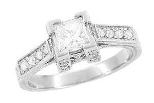 1/2 Carat Princess Cut Diamond Art Deco Castle Engagement Ring in Platinum