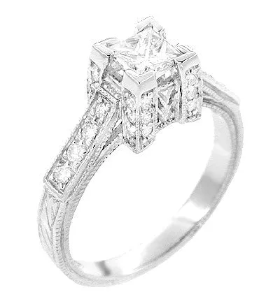 1/2 Carat Princess Cut Diamond Art Deco Castle Engagement Ring in Platinum