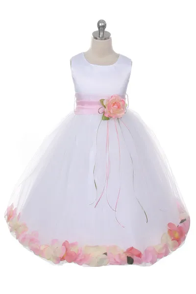 160B [SASH] Ivory Satin Flower Petal Plus Size Girl Dress with Organza Sash
