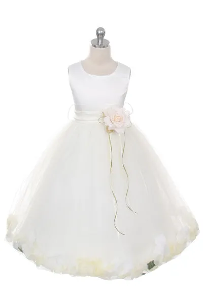 160B [SASH] Ivory Satin Flower Petal Plus Size Girl Dress with Organza Sash