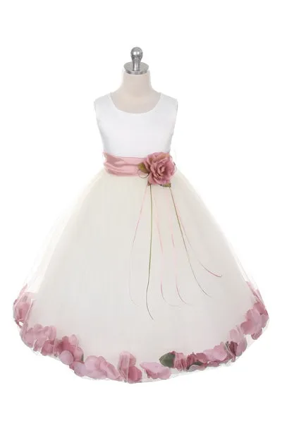 160B [SASH] Ivory Satin Flower Petal Plus Size Girl Dress with Organza Sash