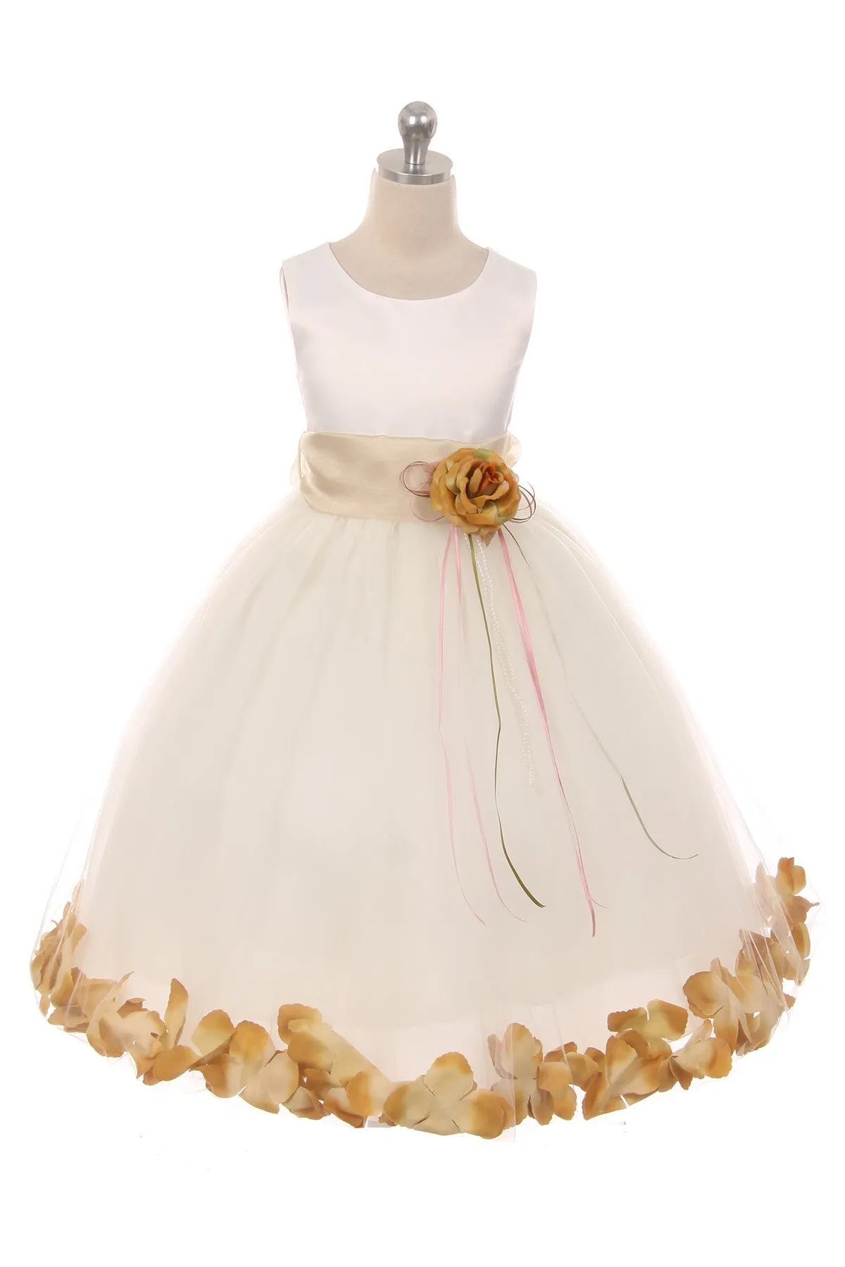 160B [SASH] Ivory Satin Flower Petal Plus Size Girl Dress with Organza Sash