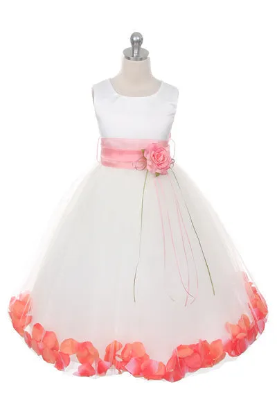160B [SASH] Ivory Satin Flower Petal Plus Size Girl Dress with Organza Sash