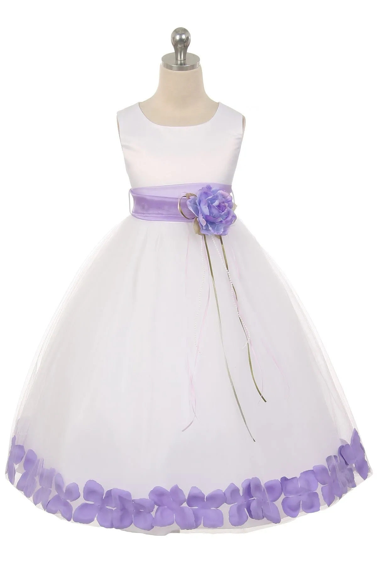 160B [SASH] Ivory Satin Flower Petal Plus Size Girl Dress with Organza Sash