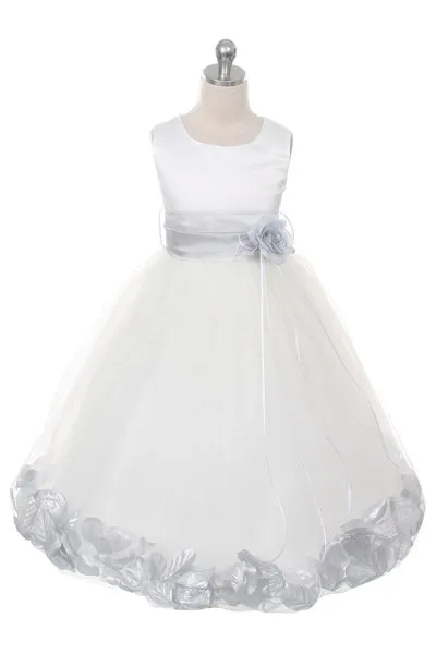 160B [SASH] Ivory Satin Flower Petal Plus Size Girl Dress with Organza Sash