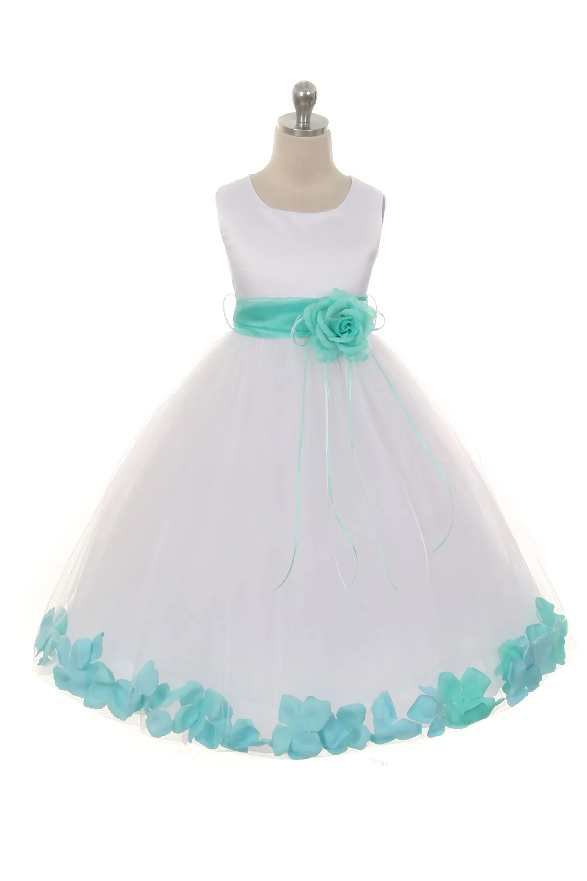 160B [SASH] Ivory Satin Flower Petal Plus Size Girl Dress with Organza Sash