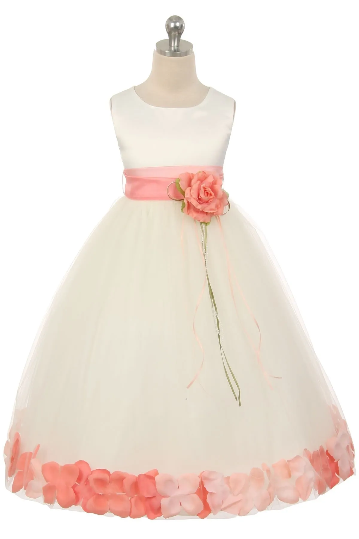 160B [SASH] Ivory Satin Flower Petal Plus Size Girl Dress with Organza Sash