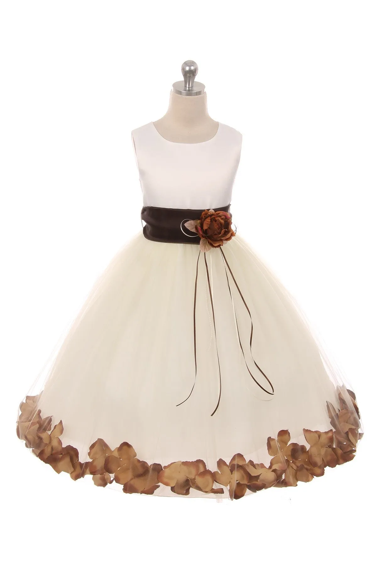 160B [SASH] Ivory Satin Flower Petal Plus Size Girl Dress with Organza Sash