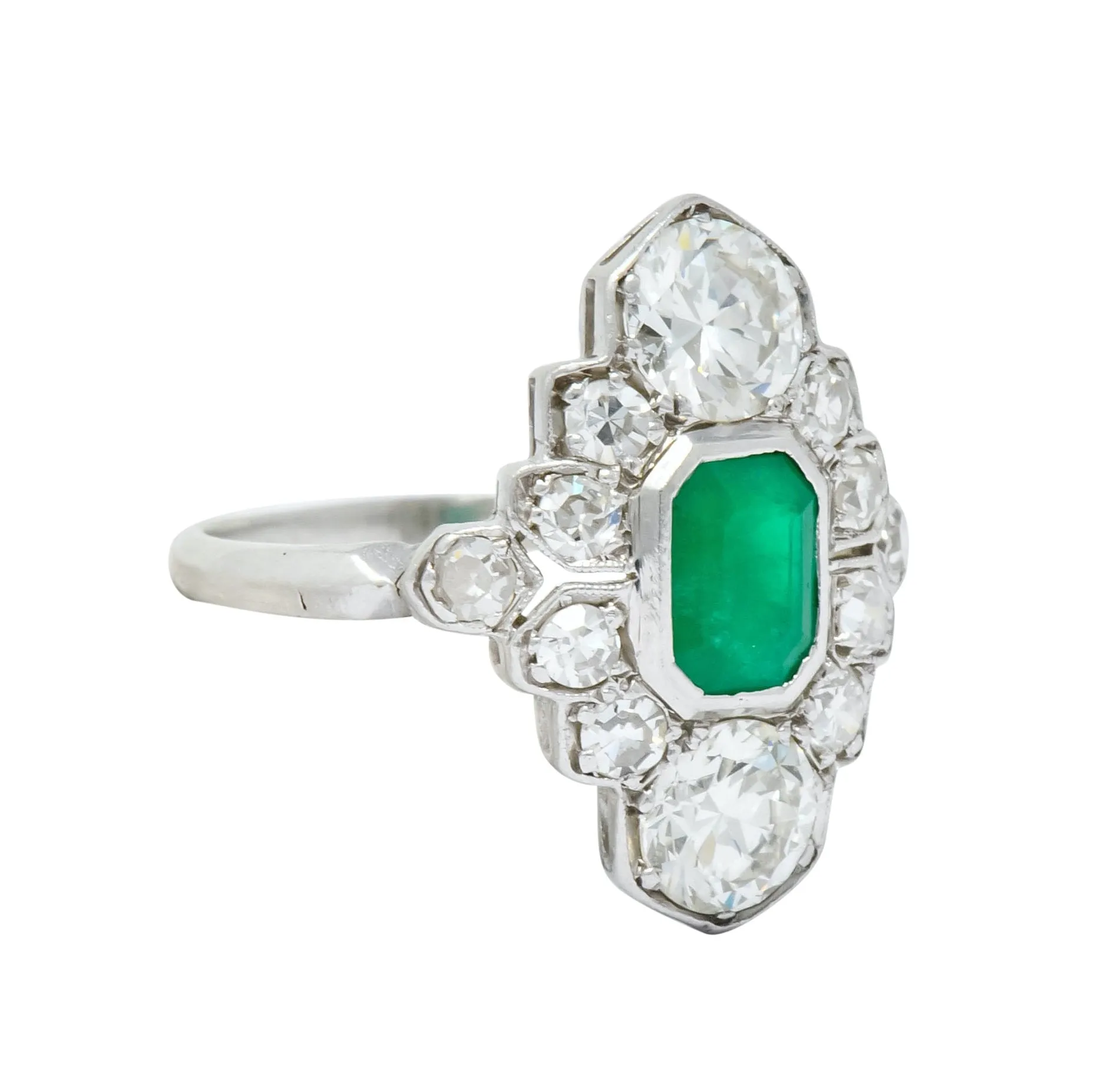 1930 Art Deco 1.80 CTW Emerald Diamond Platinum Dinner Ring