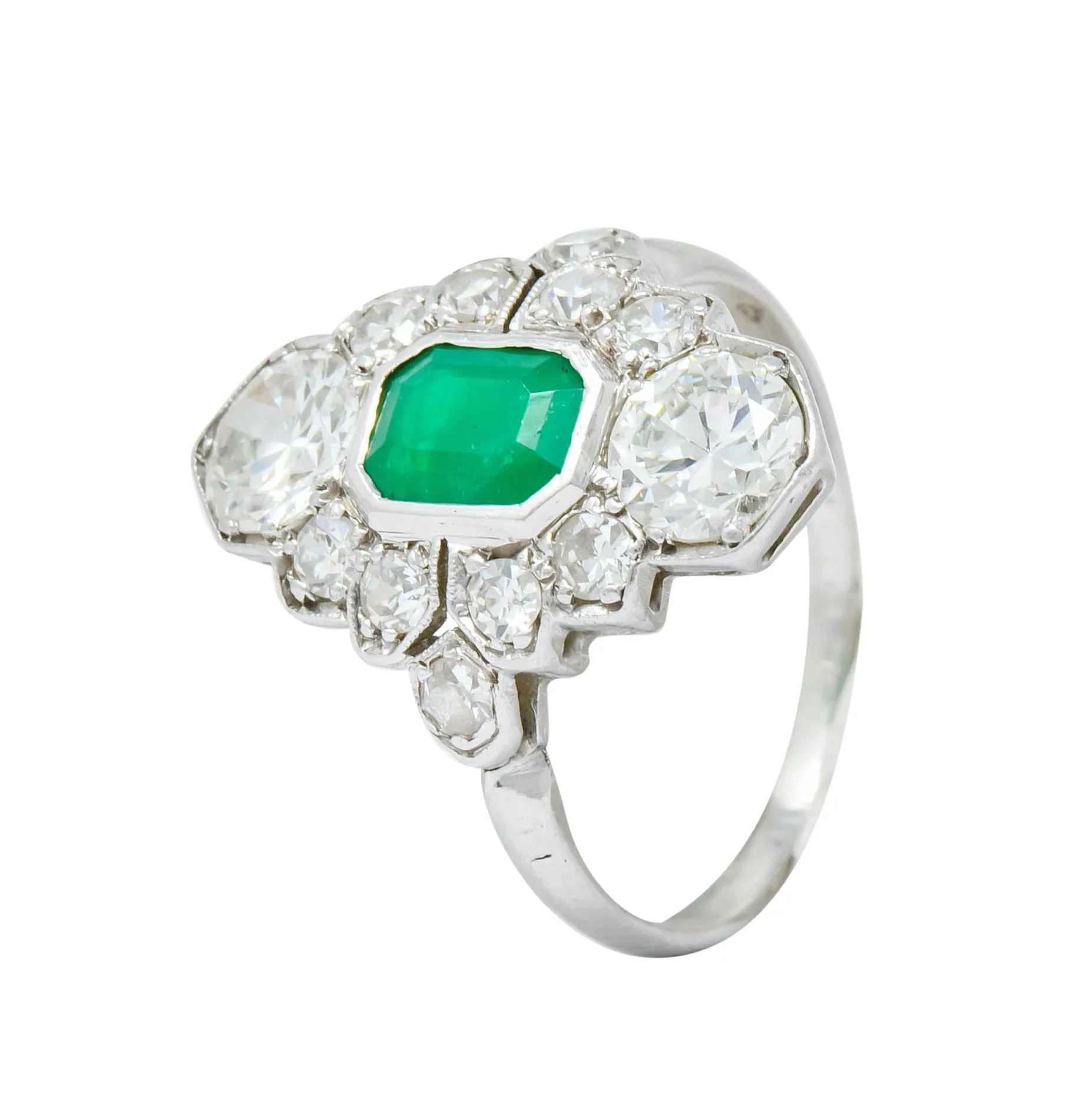 1930 Art Deco 1.80 CTW Emerald Diamond Platinum Dinner Ring