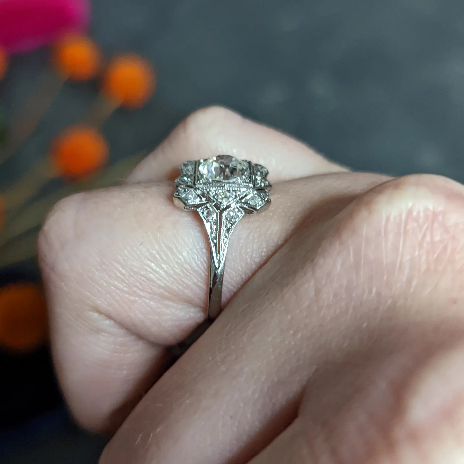 1930's Art Deco 1.40 CTW Diamond Platinum Geometric Dinner Ring GIA