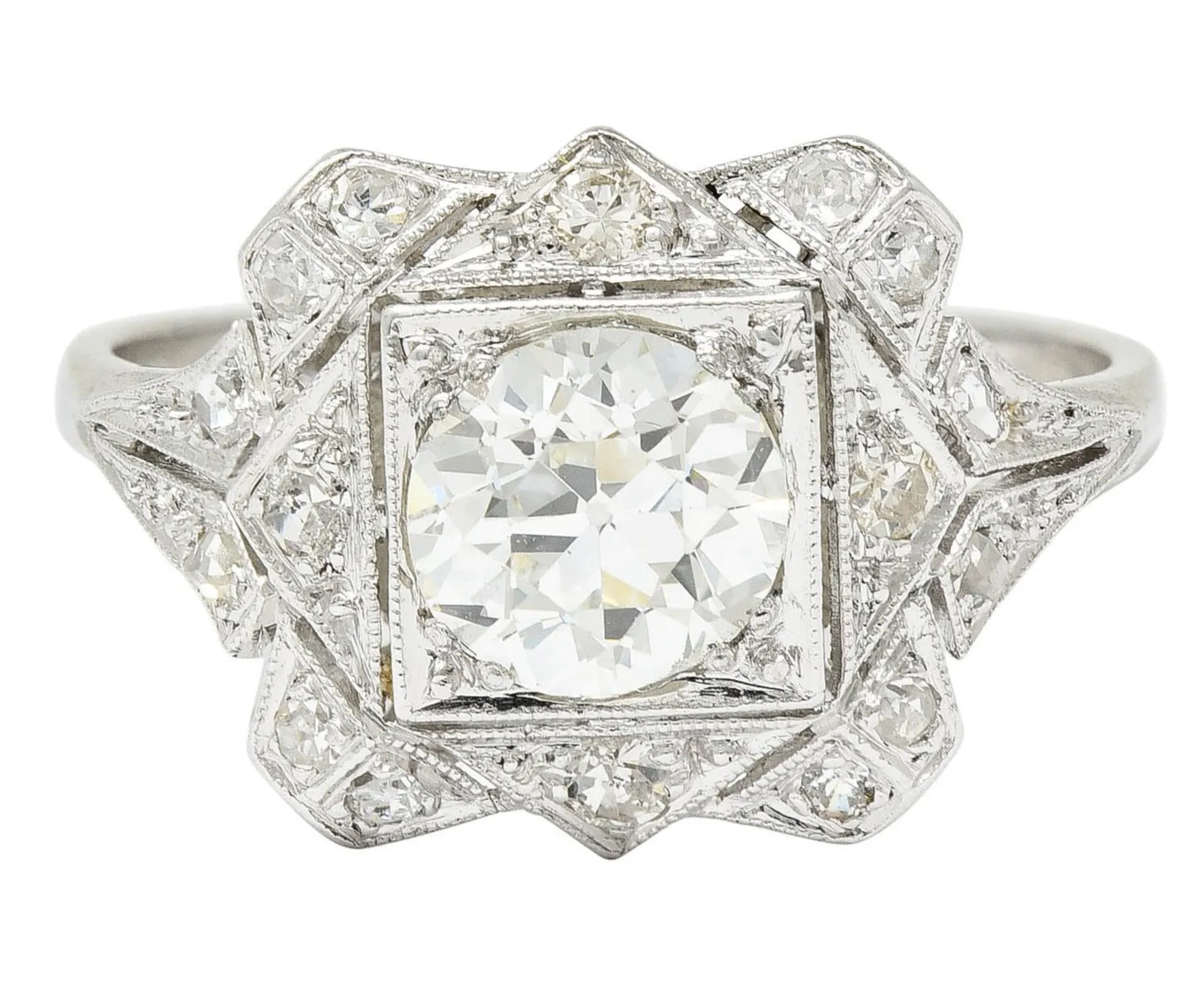 1930's Art Deco 1.40 CTW Diamond Platinum Geometric Dinner Ring GIA