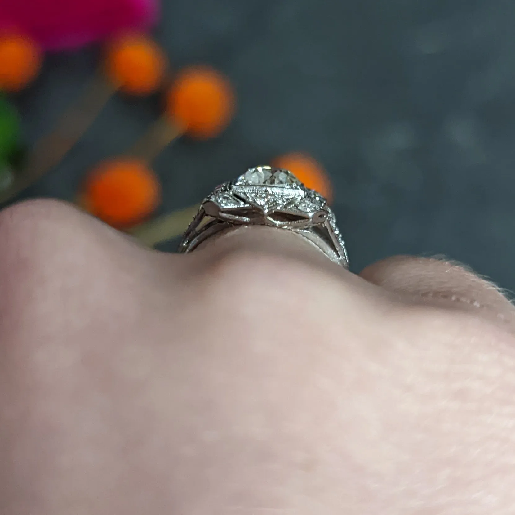 1930's Art Deco 1.40 CTW Diamond Platinum Geometric Dinner Ring GIA