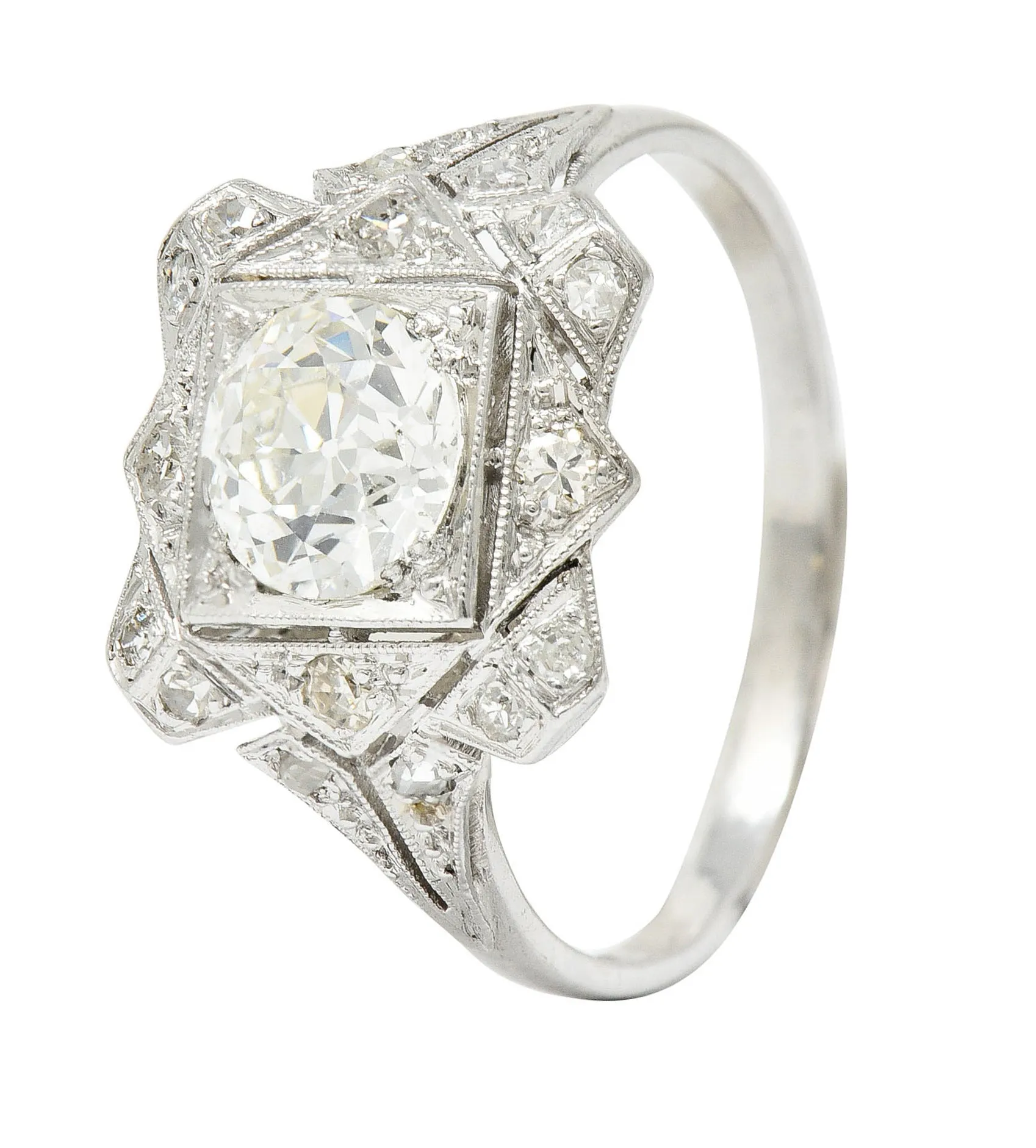 1930's Art Deco 1.40 CTW Diamond Platinum Geometric Dinner Ring GIA