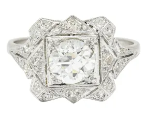 1930's Art Deco 1.40 CTW Diamond Platinum Geometric Dinner Ring GIA