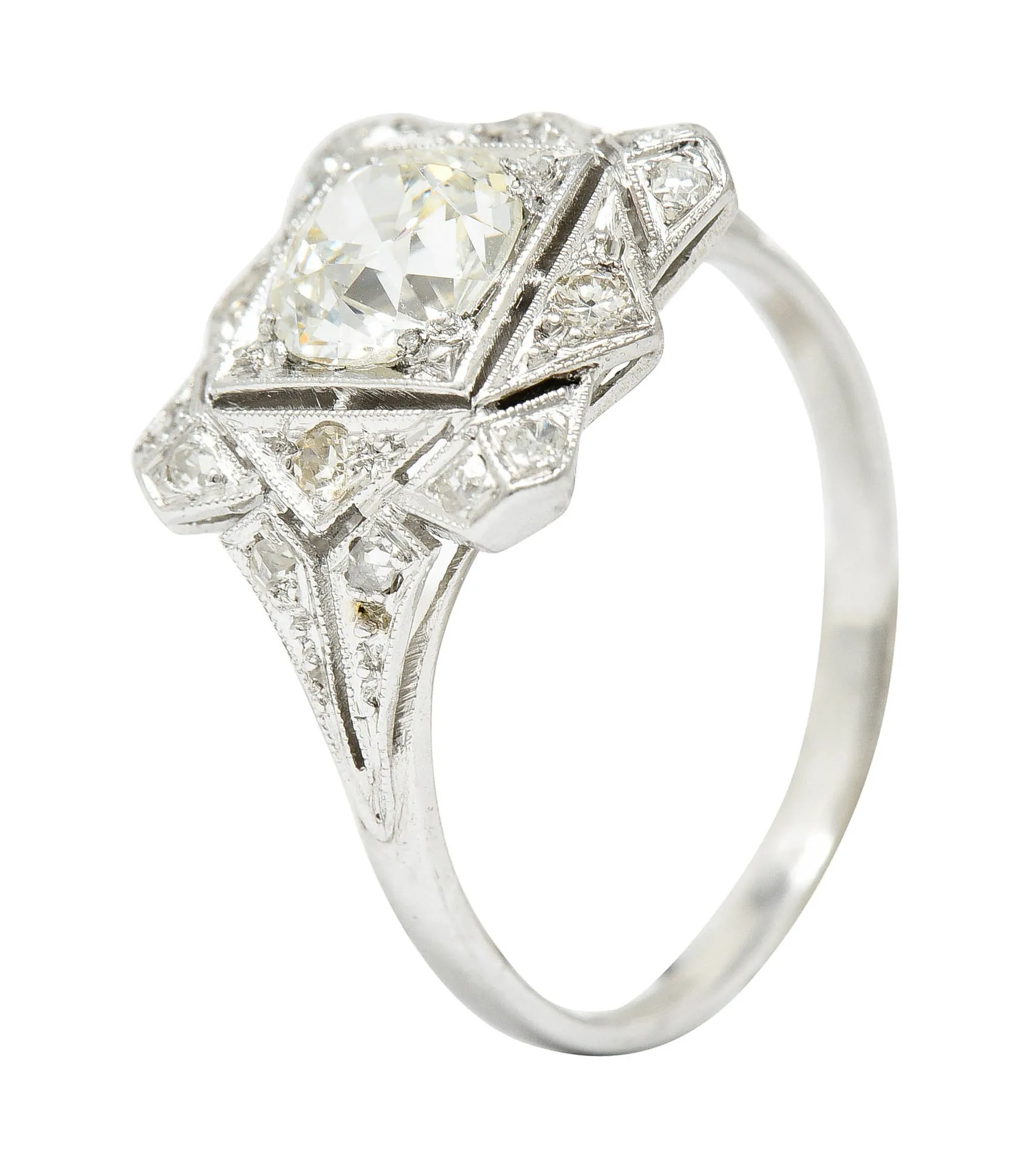 1930's Art Deco 1.40 CTW Diamond Platinum Geometric Dinner Ring GIA
