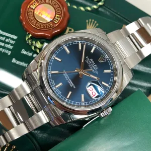 2014 Rolex Datejust 116200 Blue Oyster 36mm Smooth Bezel Wristwatch with Box and Papers Unworn Factory Wrapped