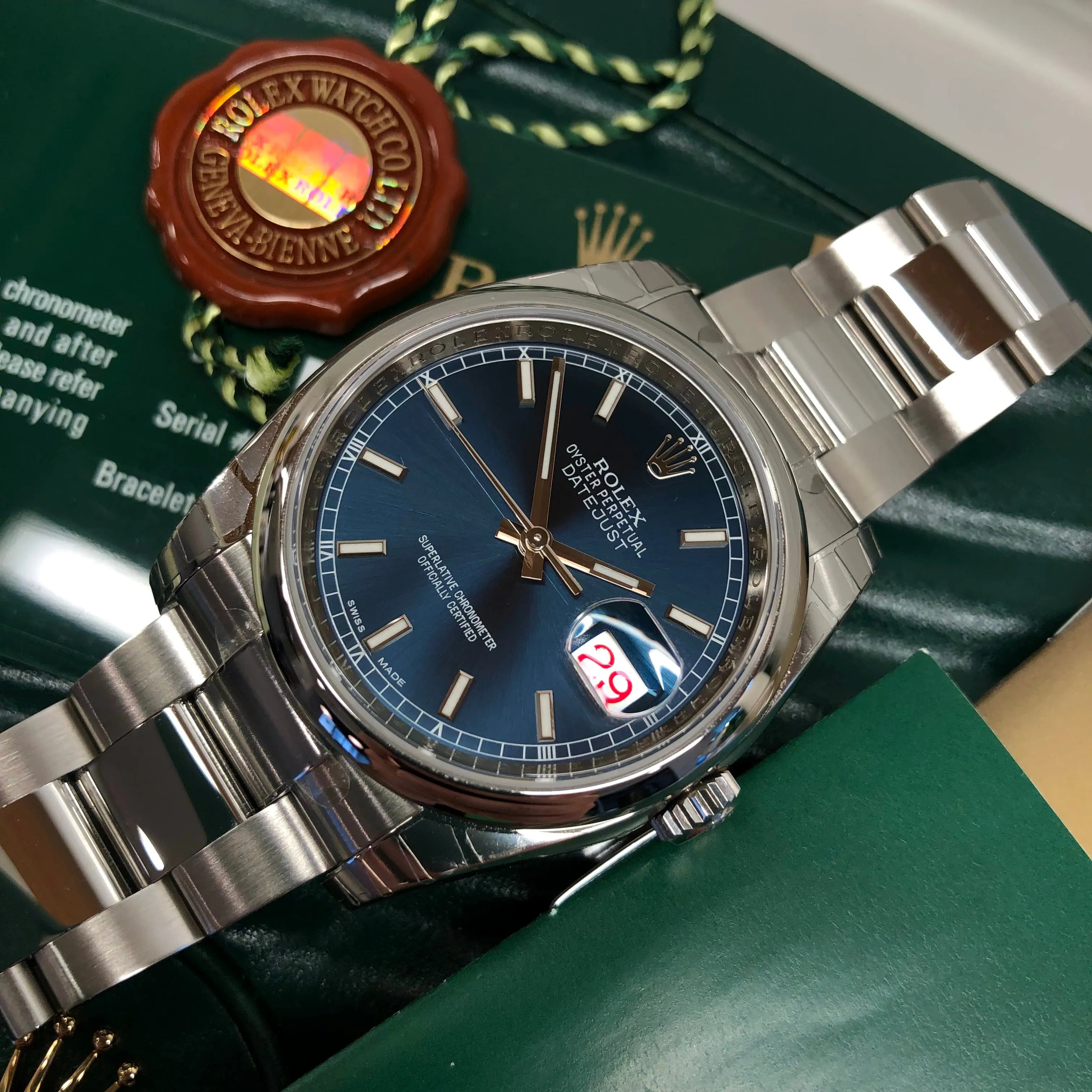 2014 Rolex Datejust 116200 Blue Oyster 36mm Smooth Bezel Wristwatch with Box and Papers Unworn Factory Wrapped