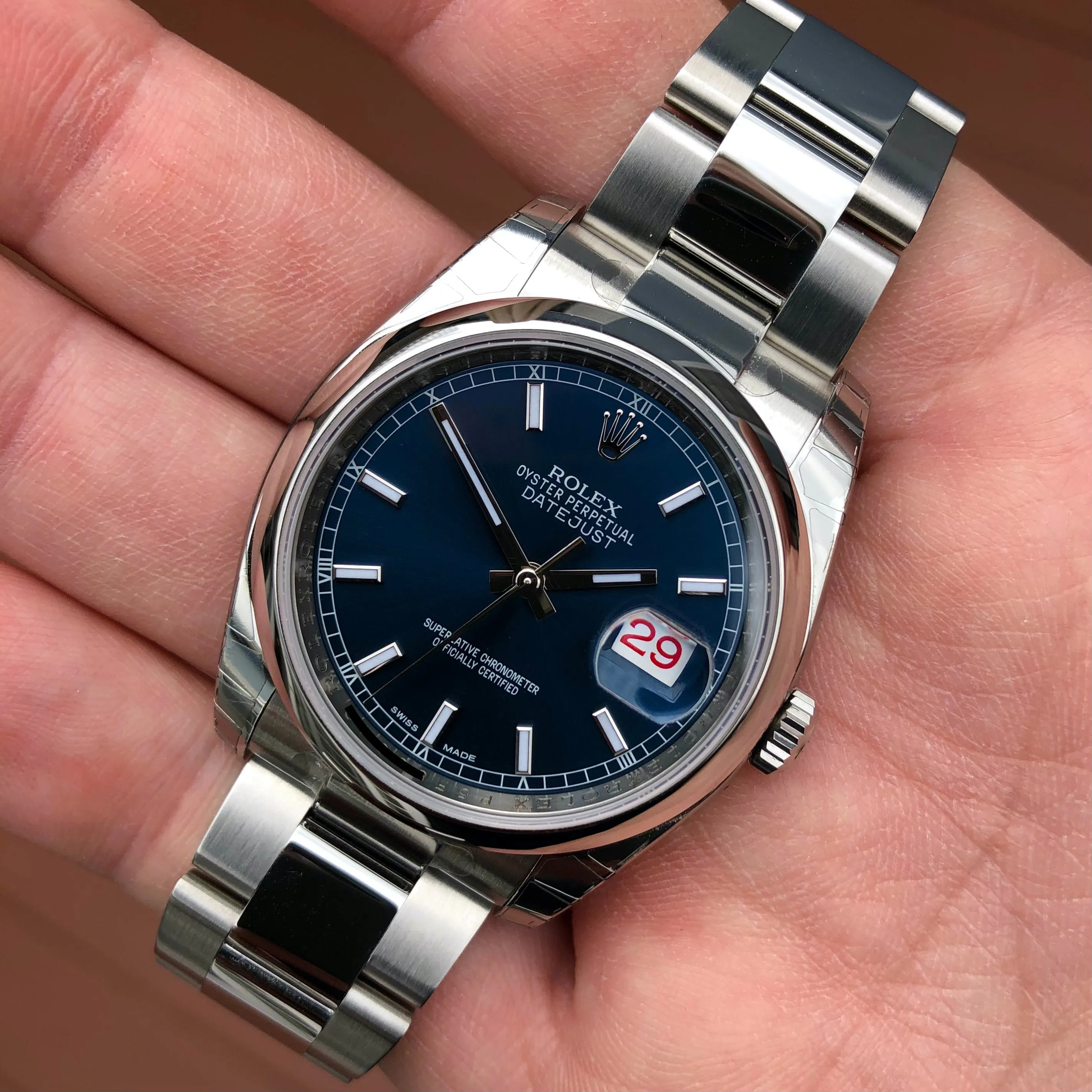 2014 Rolex Datejust 116200 Blue Oyster 36mm Smooth Bezel Wristwatch with Box and Papers Unworn Factory Wrapped