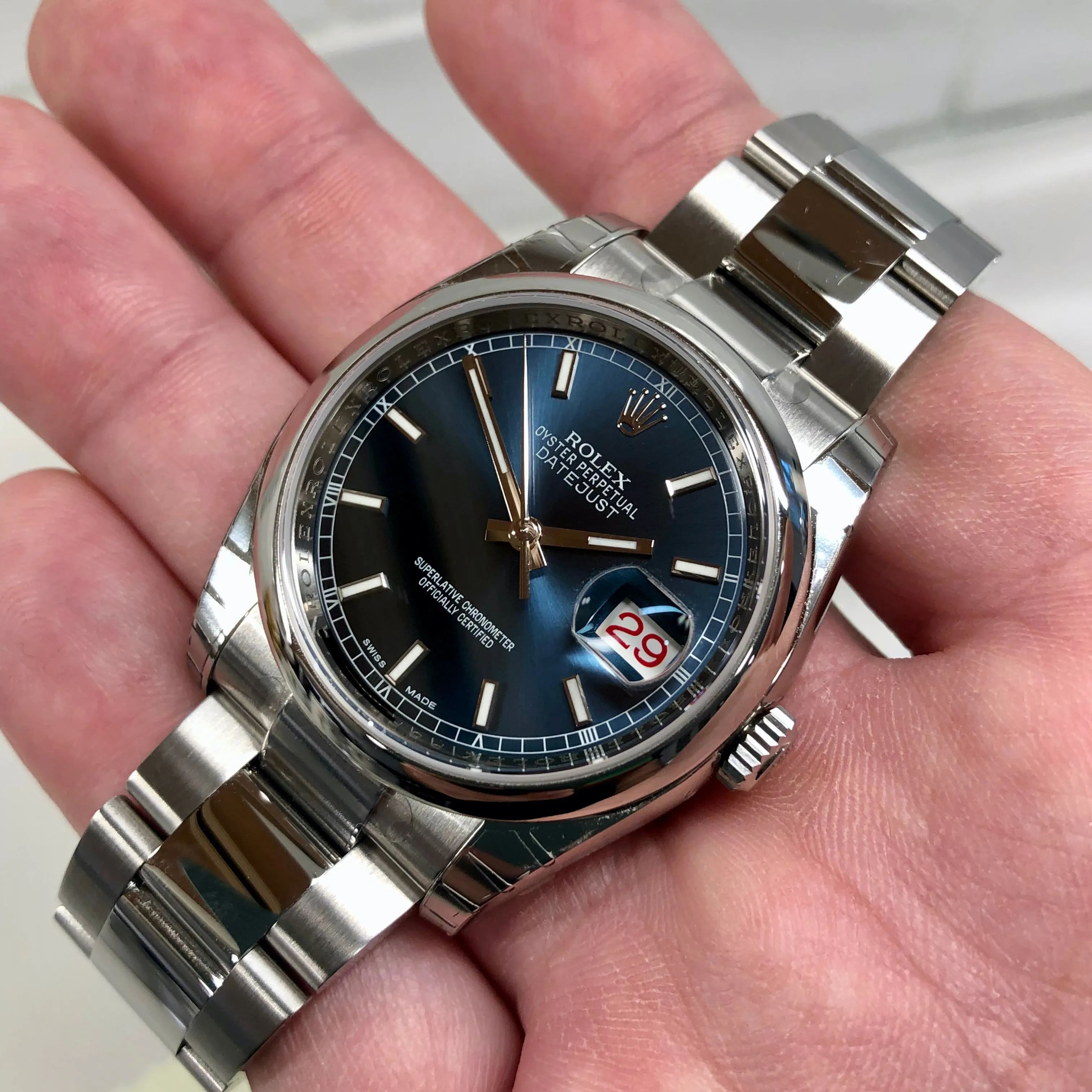 2014 Rolex Datejust 116200 Blue Oyster 36mm Smooth Bezel Wristwatch with Box and Papers Unworn Factory Wrapped