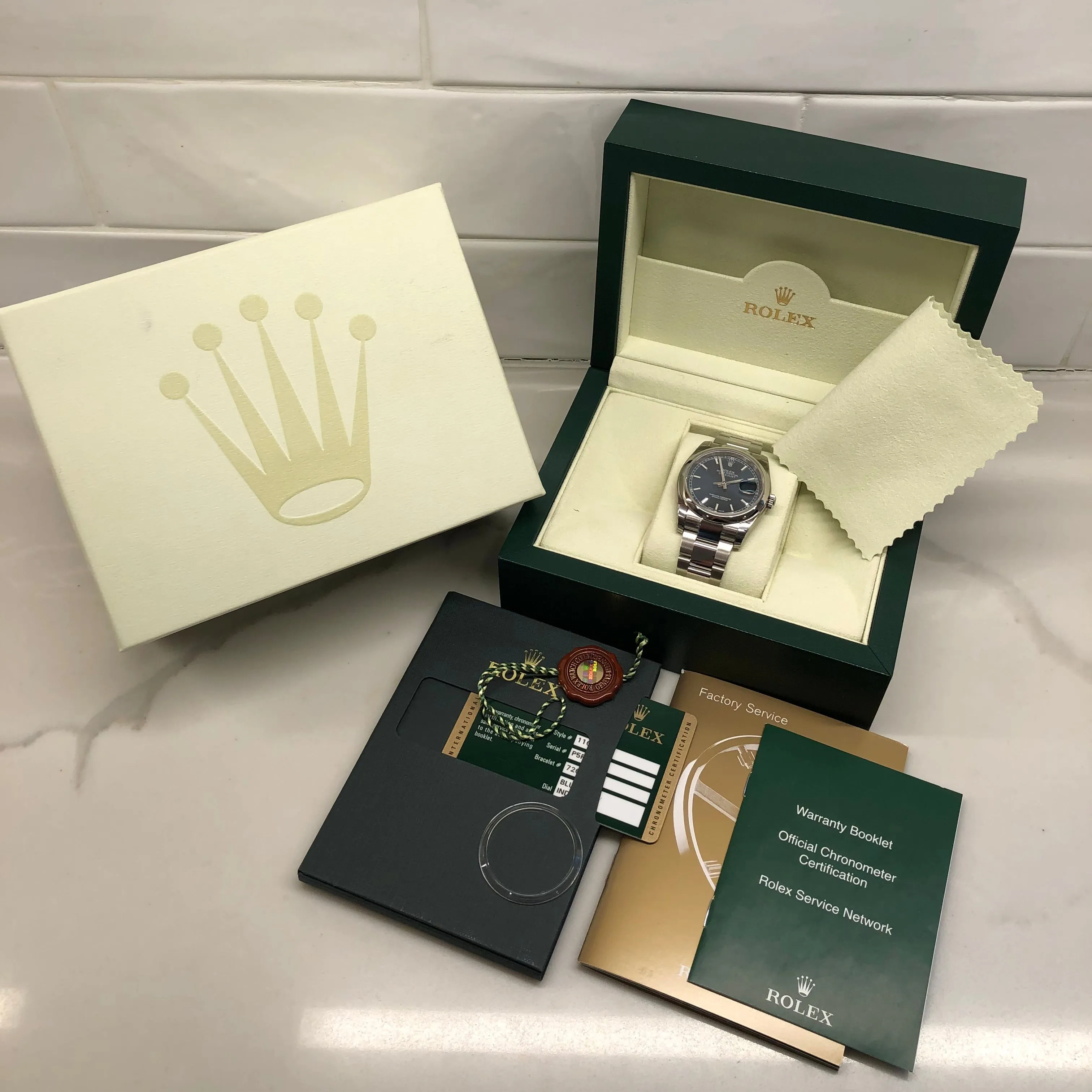 2014 Rolex Datejust 116200 Blue Oyster 36mm Smooth Bezel Wristwatch with Box and Papers Unworn Factory Wrapped