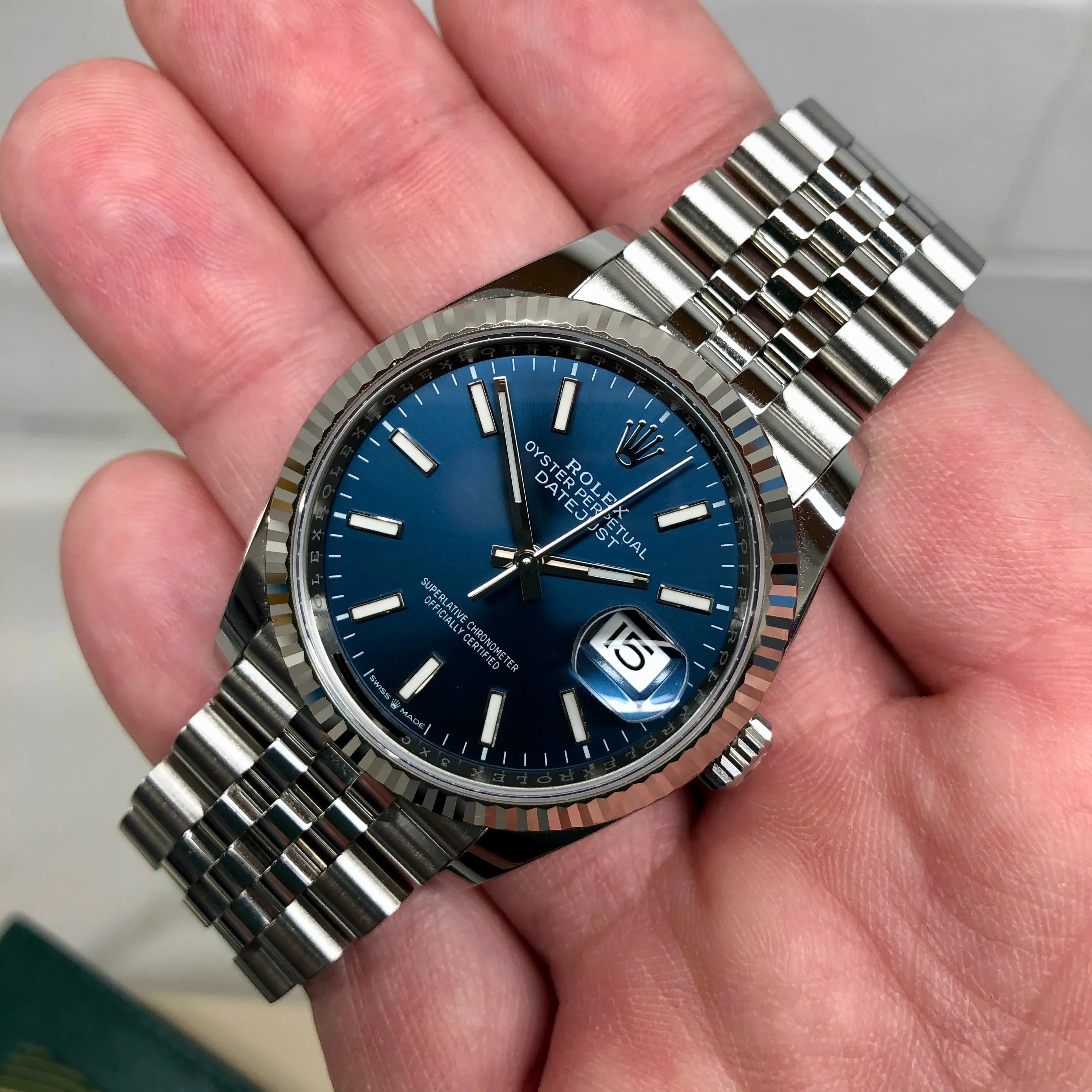 2021 Rolex Datejust 126234 Blue Jubilee 36mm Fluted Bezel Wristwatch with Box and Papers