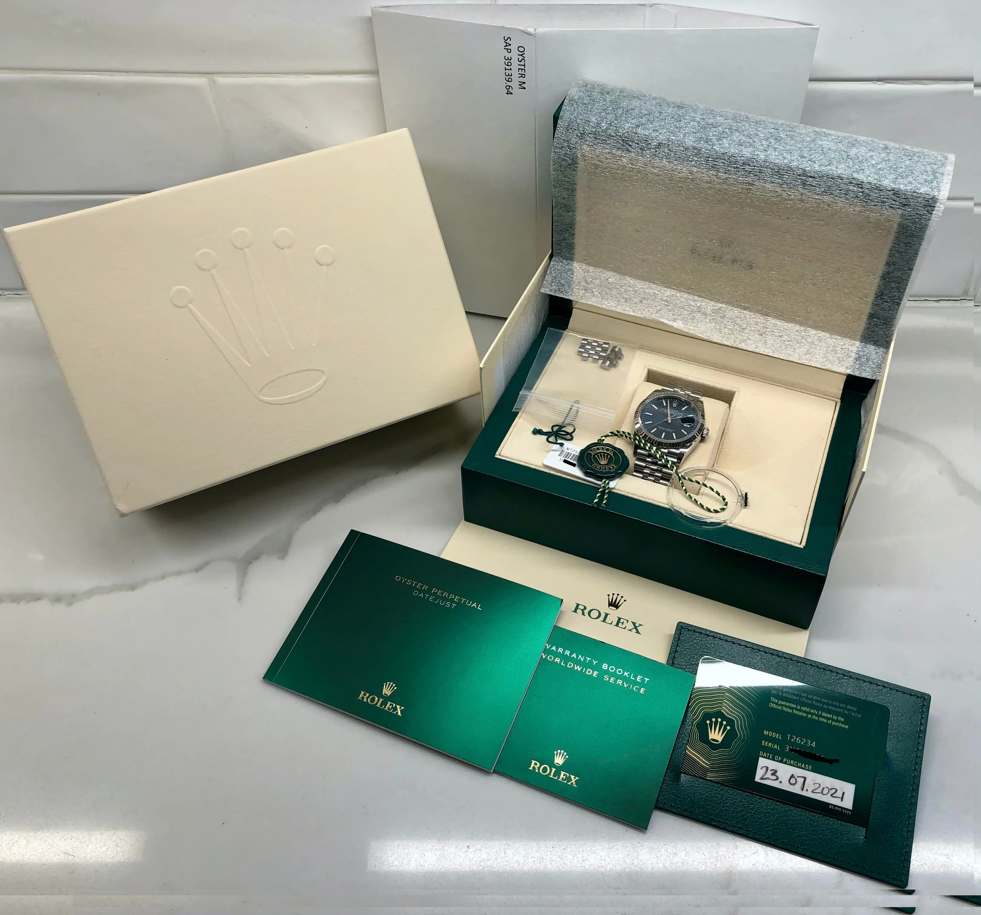 2021 Rolex Datejust 126234 Blue Jubilee 36mm Fluted Bezel Wristwatch with Box and Papers