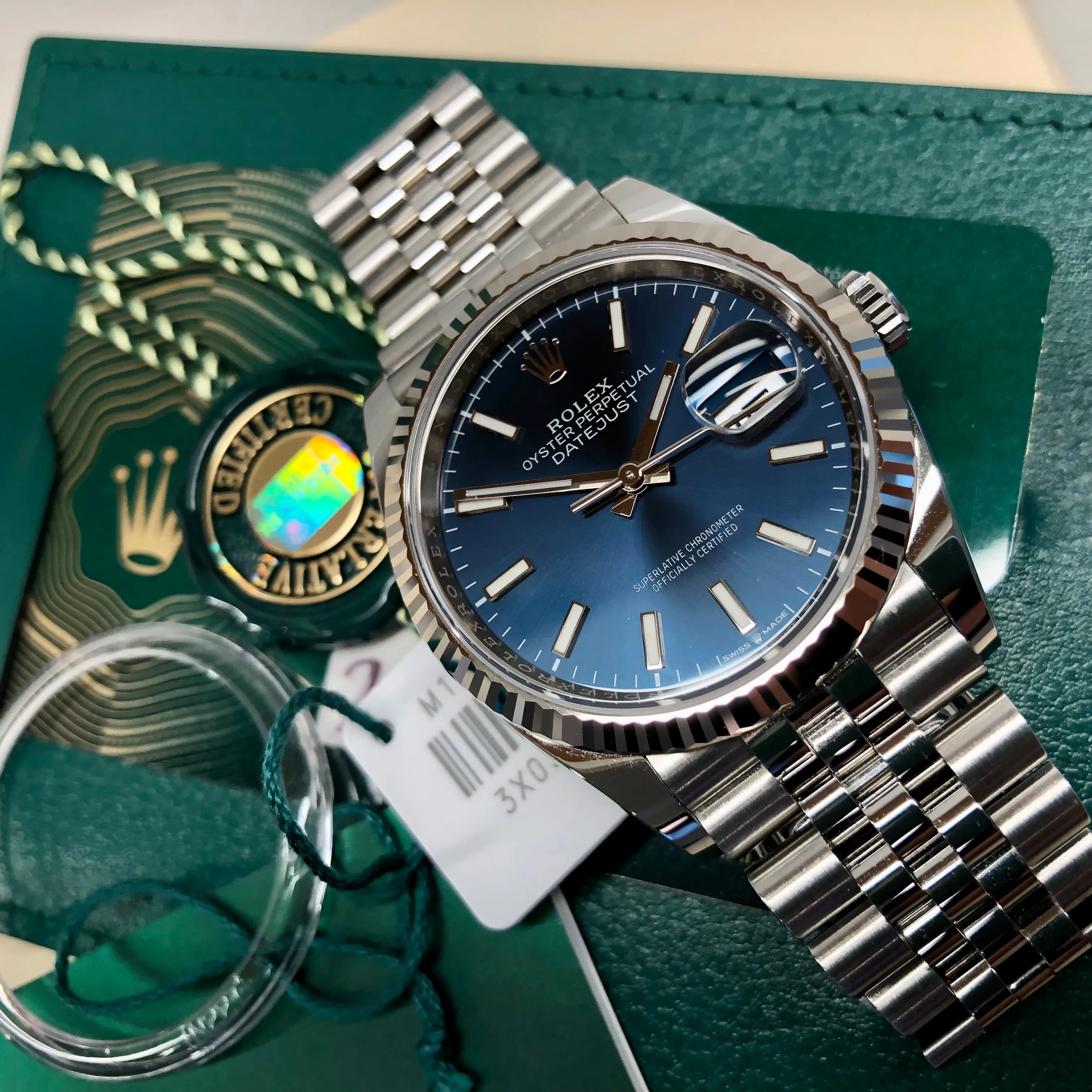 2021 Rolex Datejust 126234 Blue Jubilee 36mm Fluted Bezel Wristwatch with Box and Papers