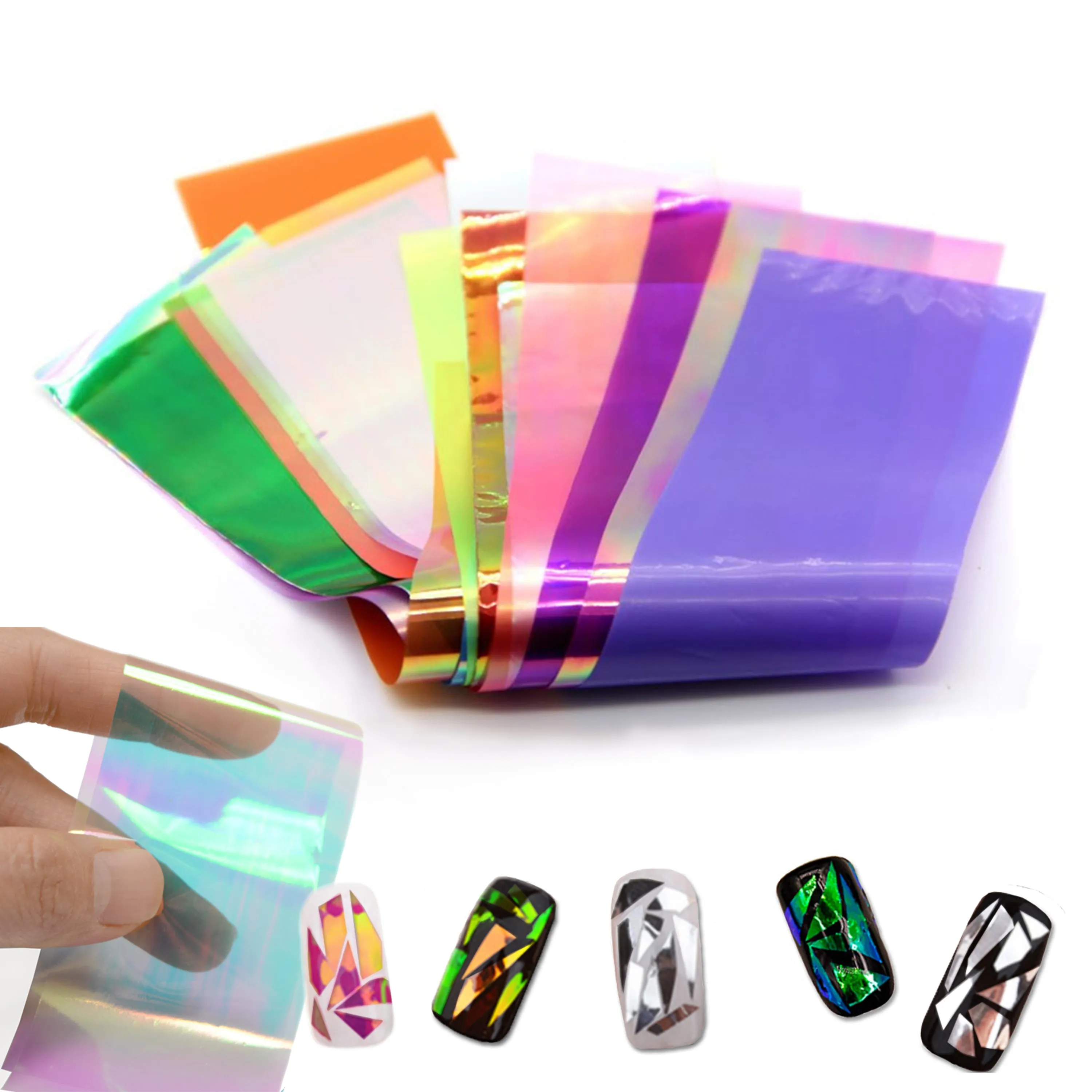 24 Pieces Thin Iridescent Cellophane, Holographic Shattered Broken-Glass Nail Art Decorations