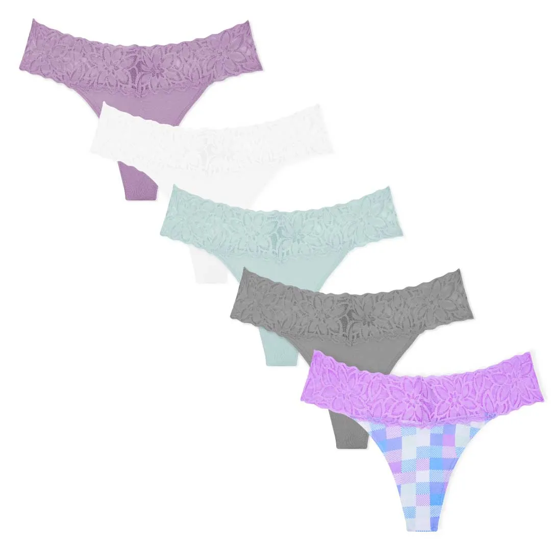 5 Pack Microfiber with Lace Thongs