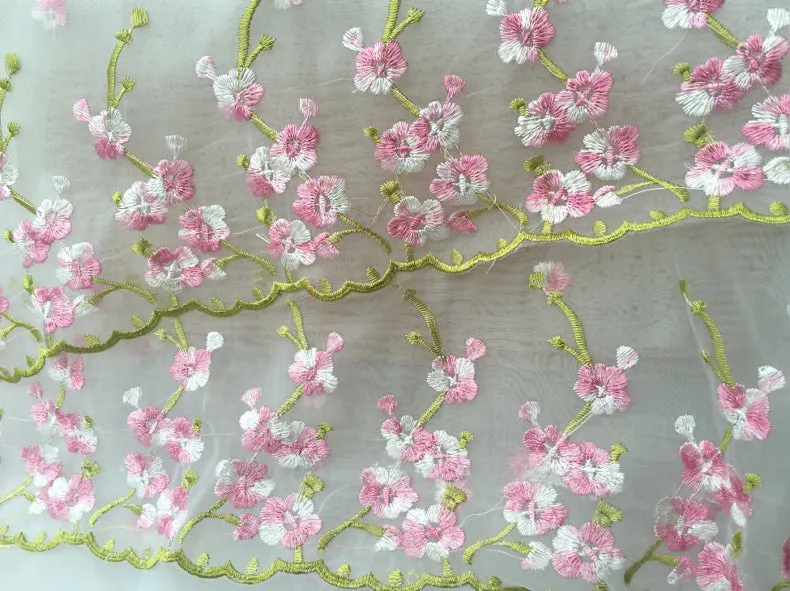 51" Width White Organza Pink Floral Embroidery Lace Fabric by the Yard
