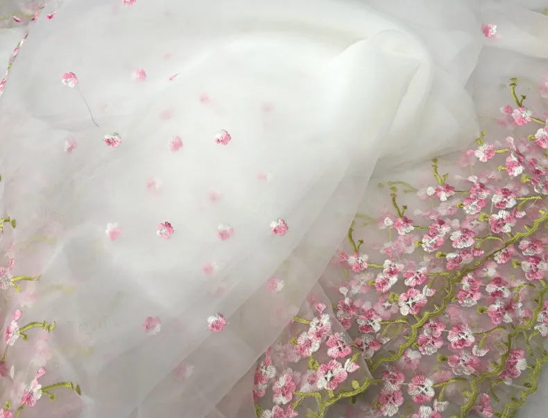 51" Width White Organza Pink Floral Embroidery Lace Fabric by the Yard