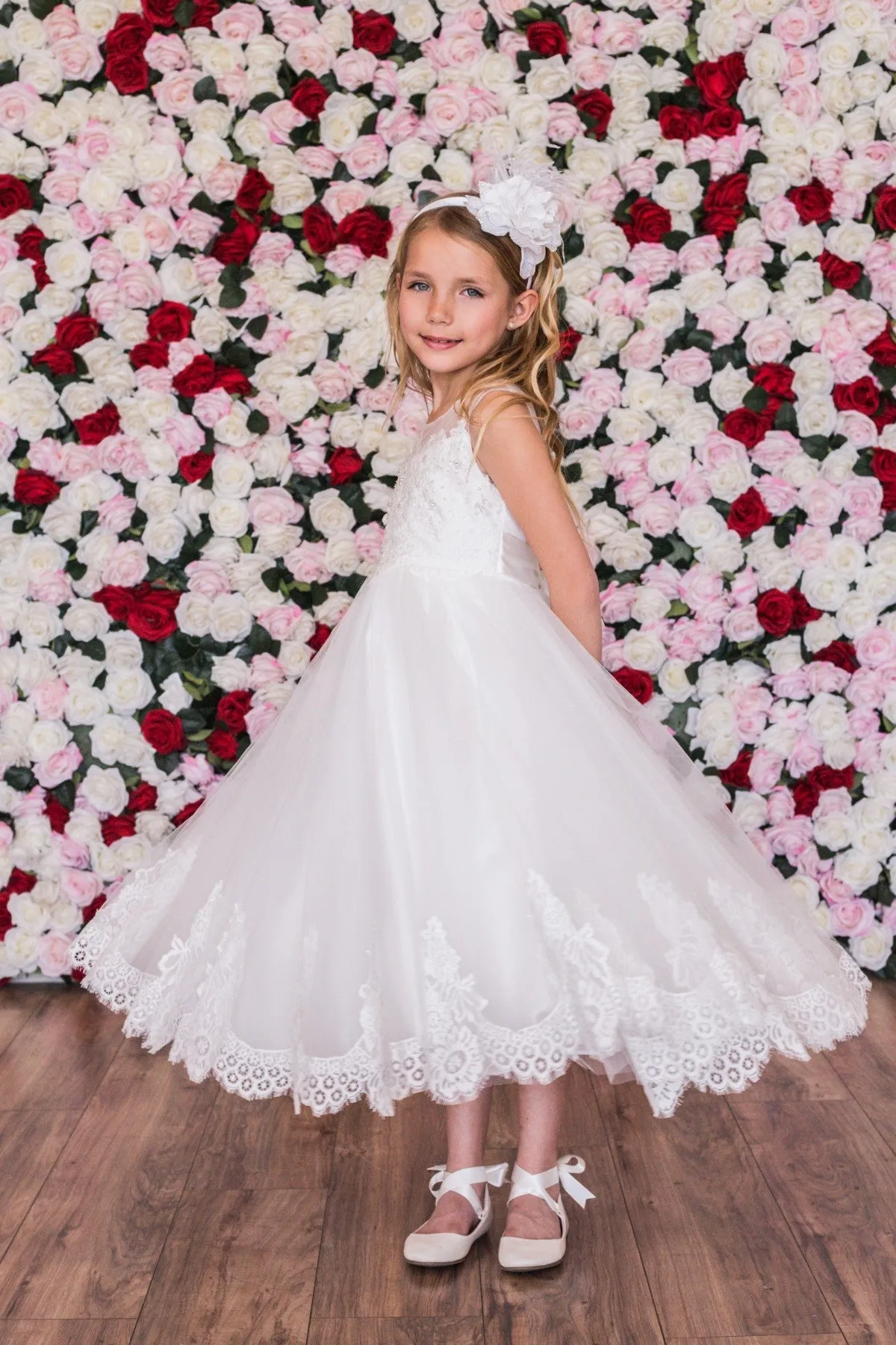 7007- Lace Applique Illusion Bateau Dress
