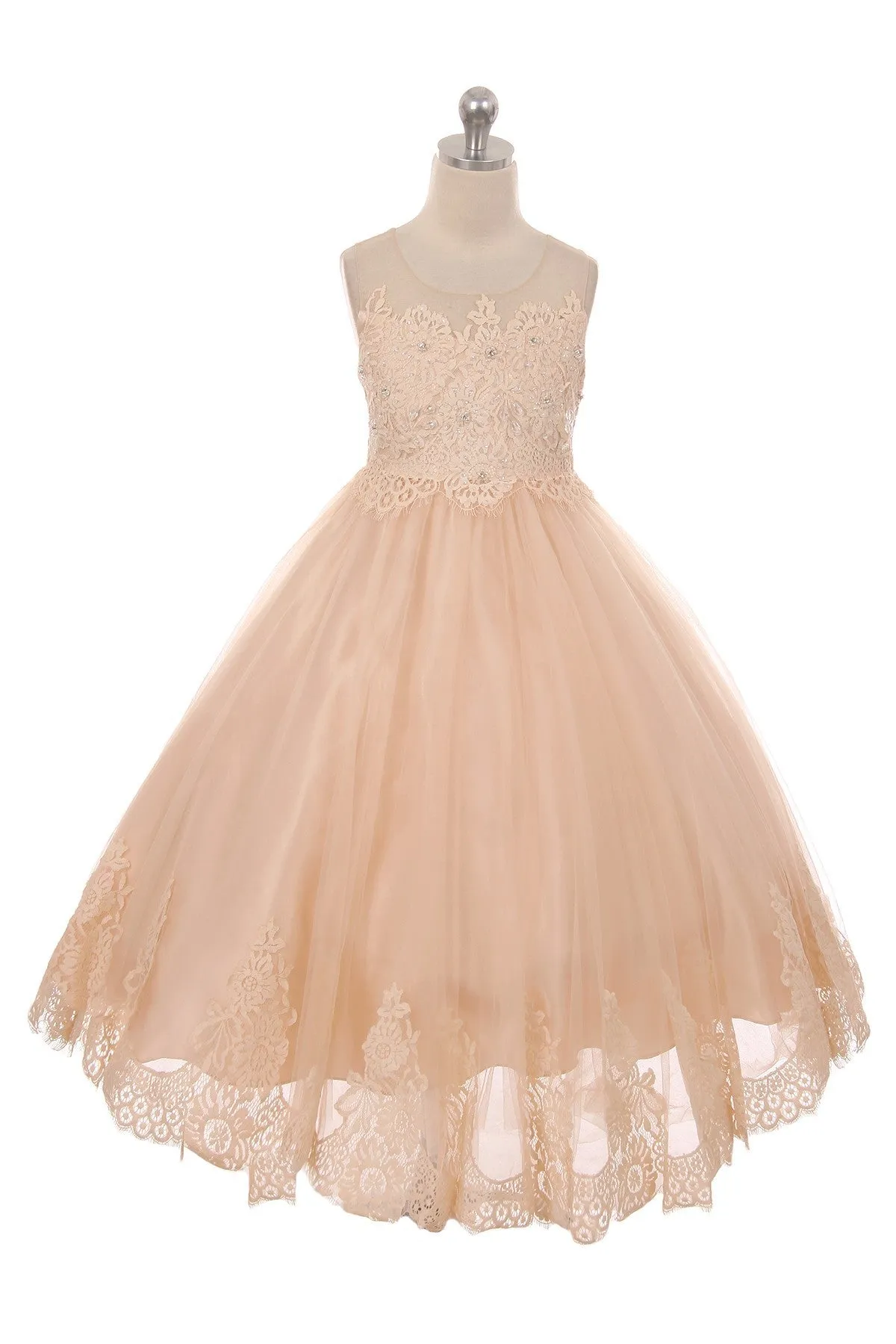 7007- Lace Applique Illusion Bateau Dress