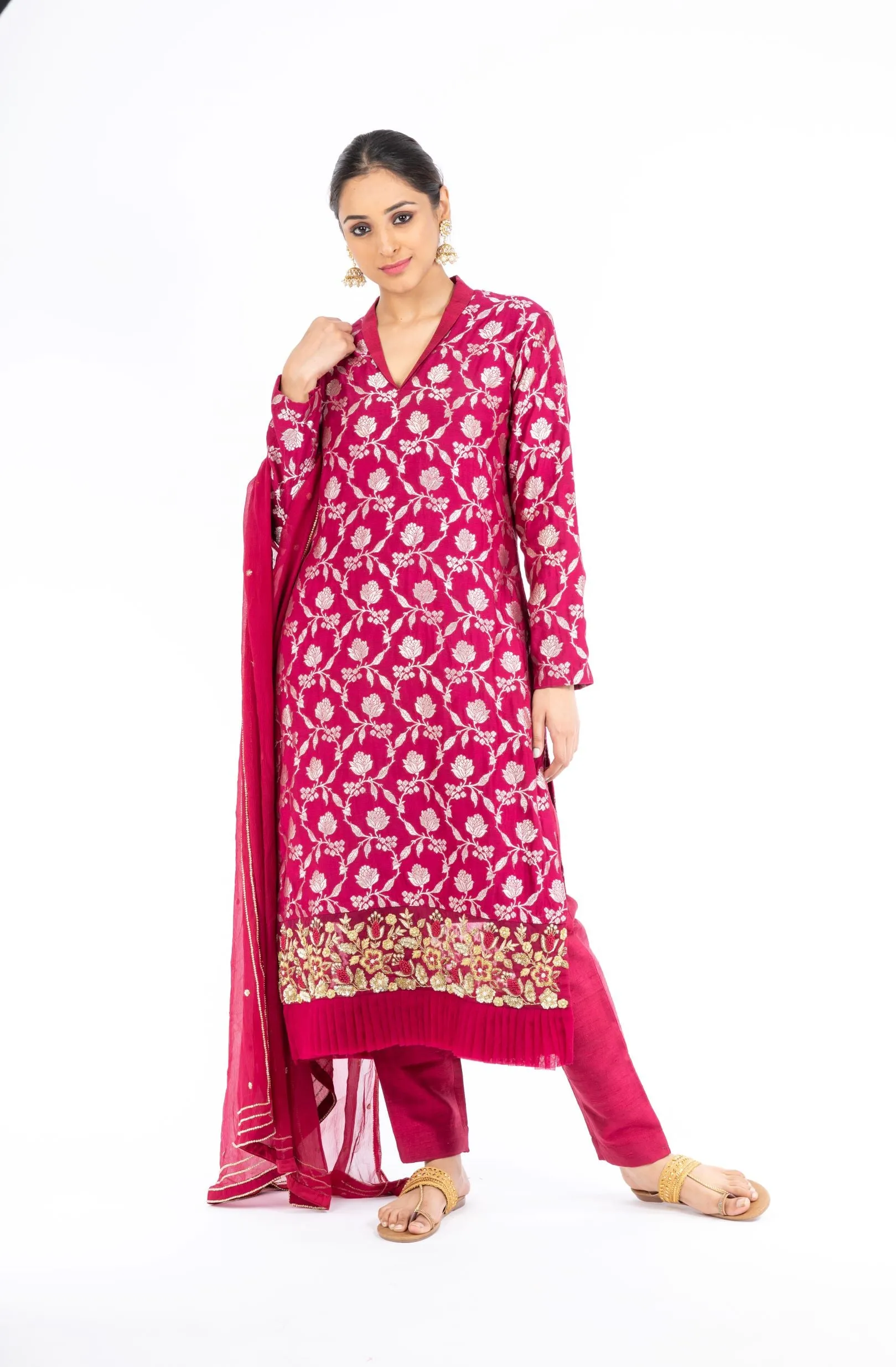 Adorning Rubine Red Palm Silk Salwar Kameez