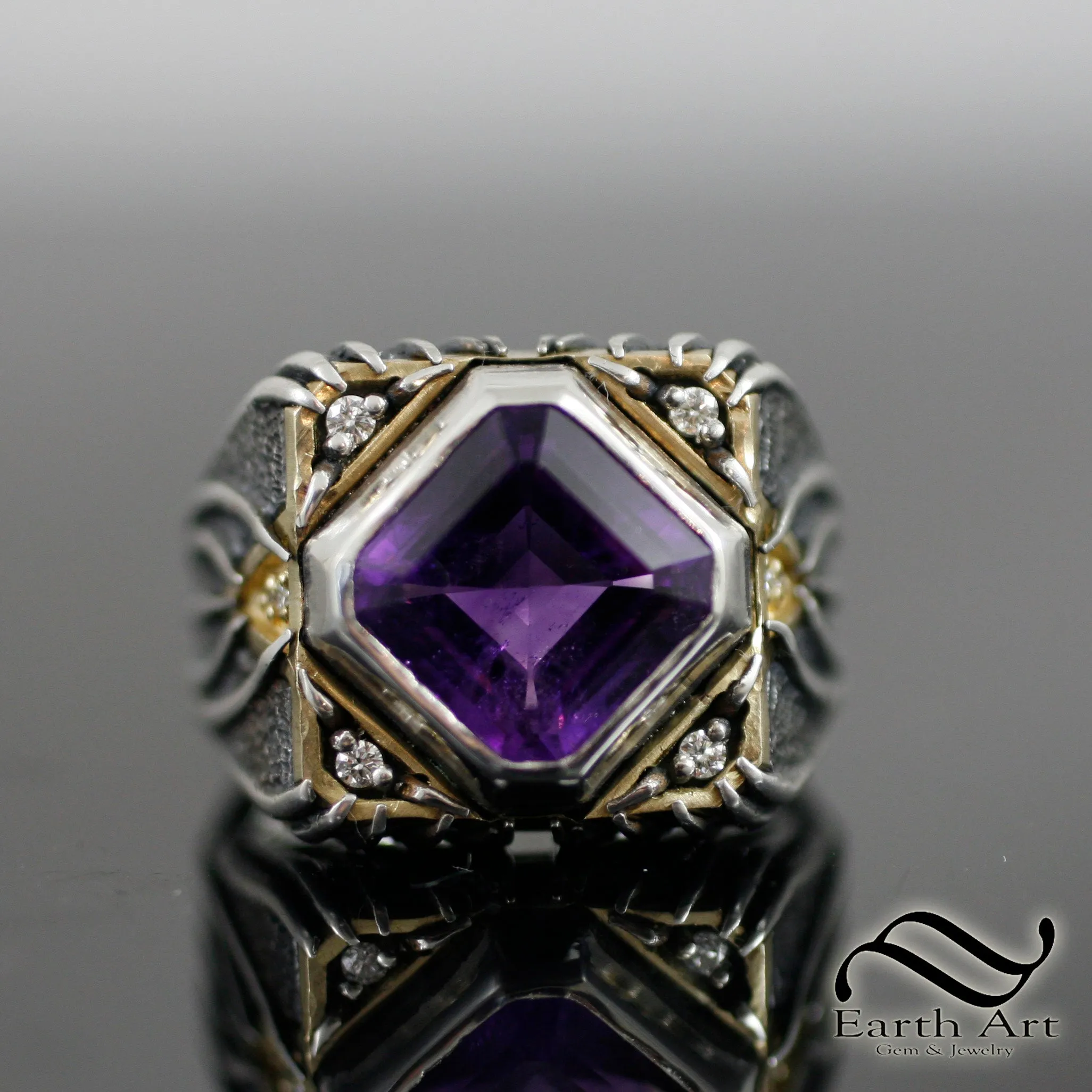 Aggressive Amethyst and Diamond Signet in 18k and Sterling Silver