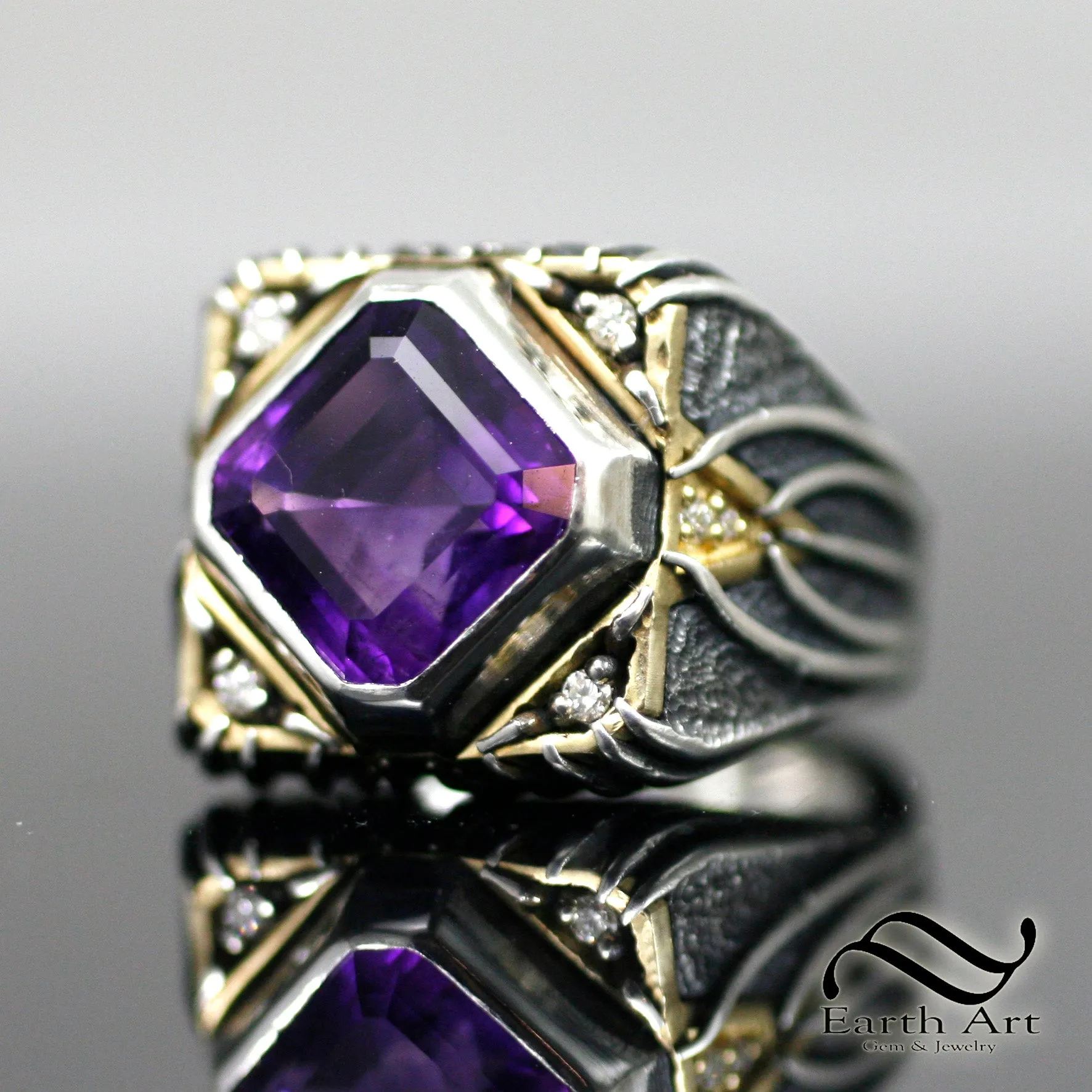 Aggressive Amethyst and Diamond Signet in 18k and Sterling Silver