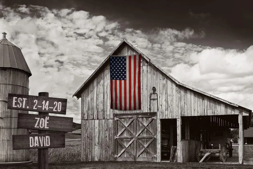 American Flag Rustic Barn Personalized Framed Canvas Print