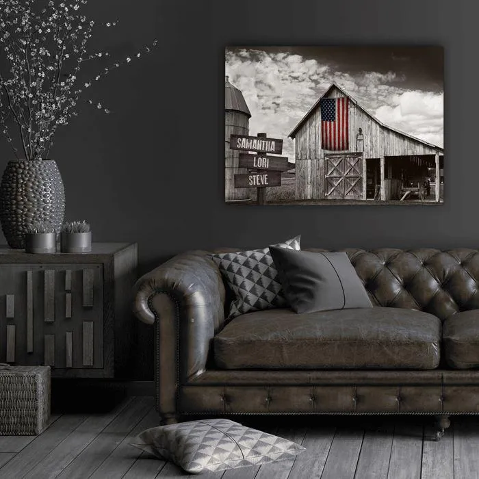 American Flag Rustic Barn Personalized Framed Canvas Print