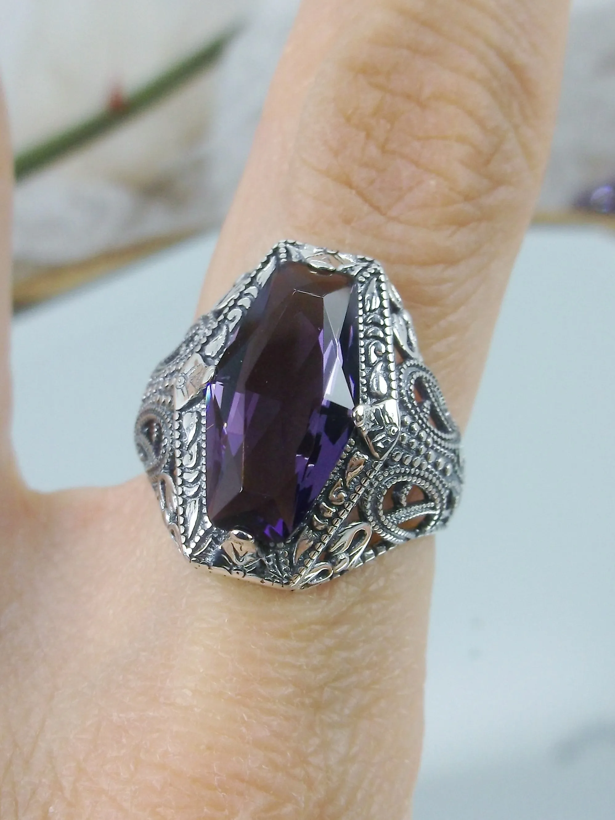 Amethyst Ring, Hexagon Gem with Art Deco Filigree, Edwardian Jewelry #D237