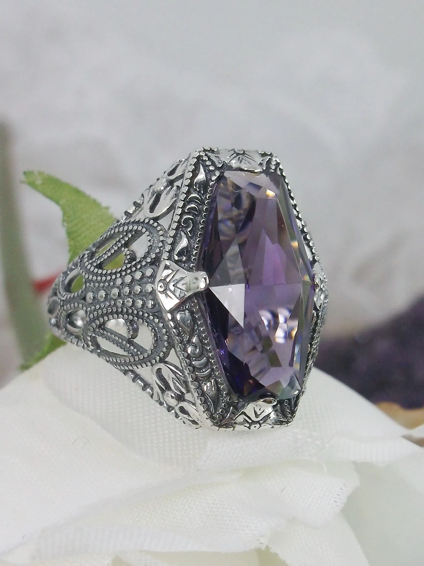 Amethyst Ring, Hexagon Gem with Art Deco Filigree, Edwardian Jewelry #D237