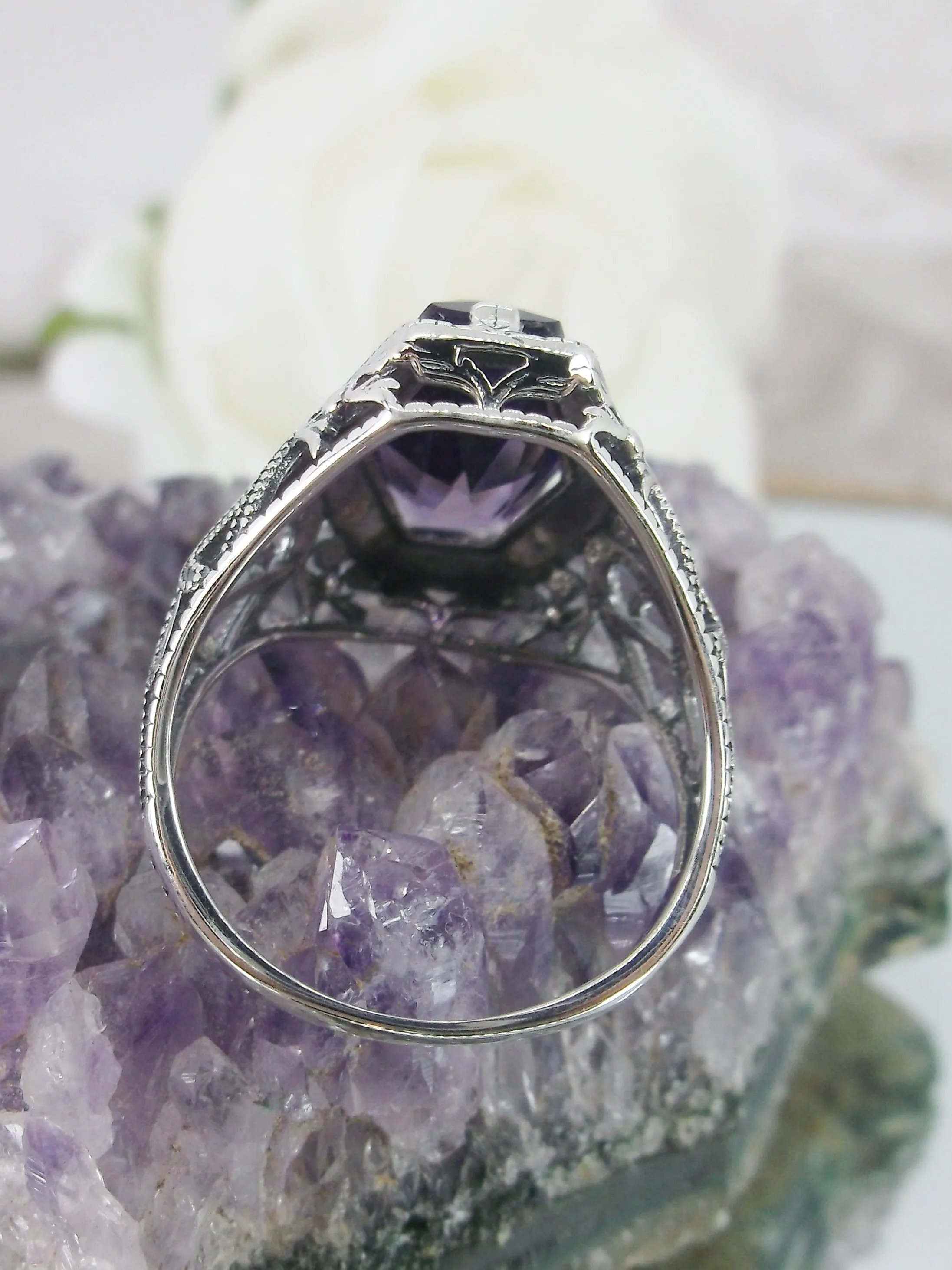 Amethyst Ring, Hexagon Gem with Art Deco Filigree, Edwardian Jewelry #D237