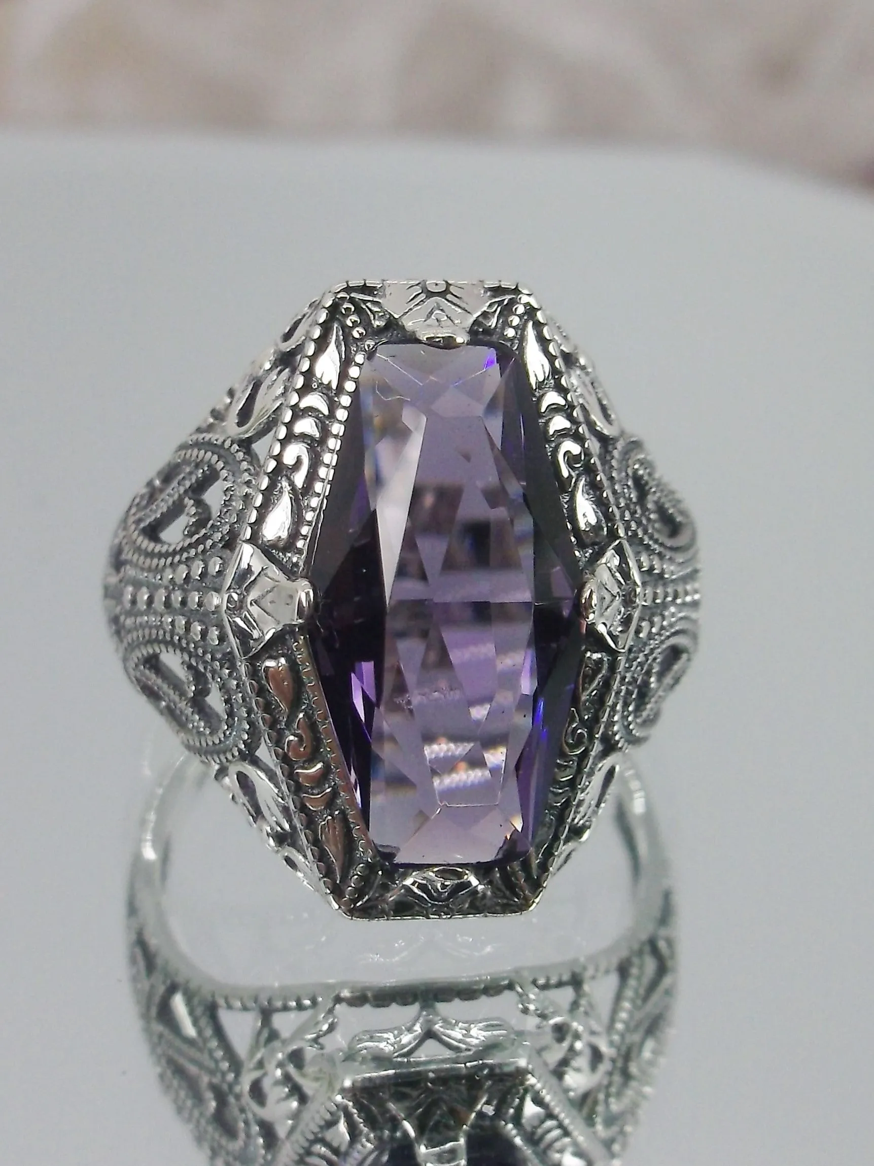 Amethyst Ring, Hexagon Gem with Art Deco Filigree, Edwardian Jewelry #D237
