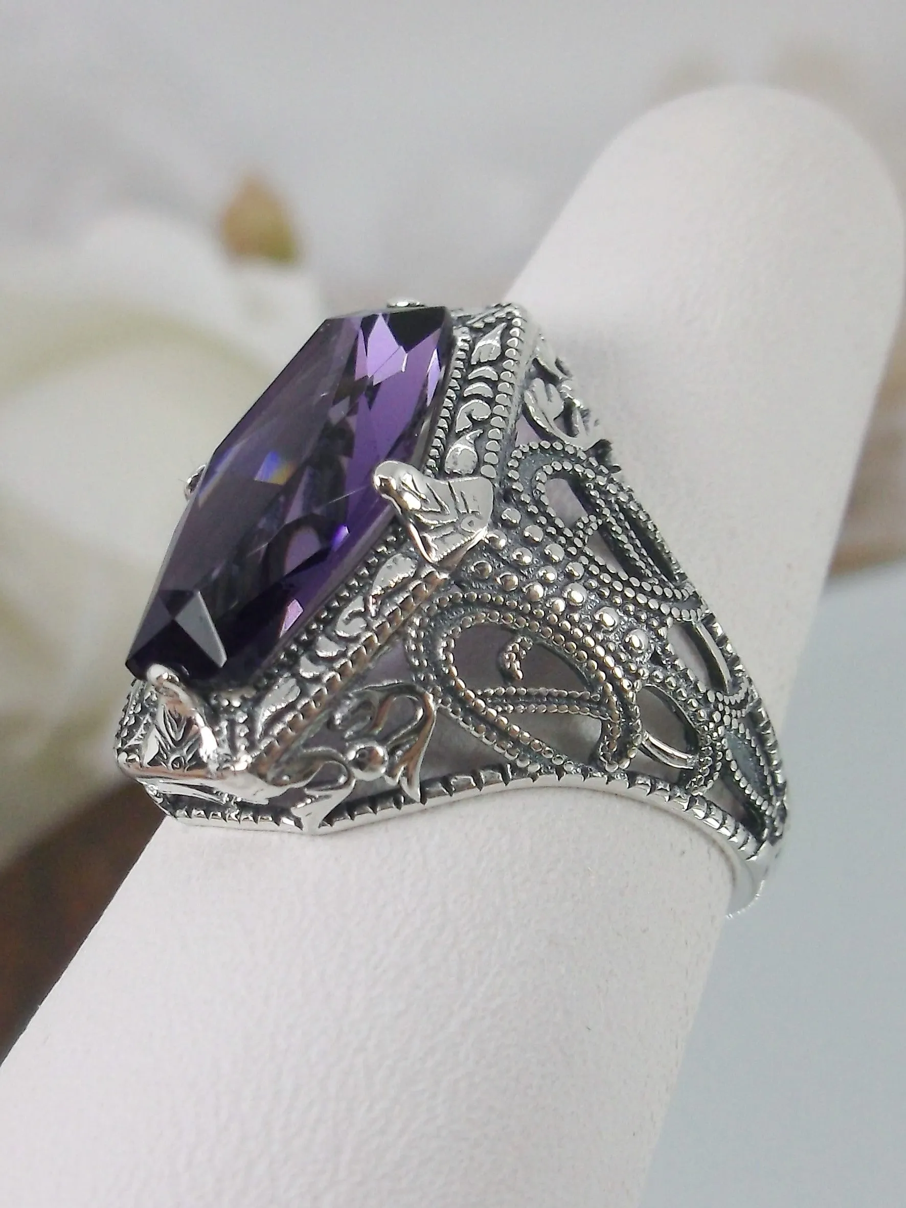 Amethyst Ring, Hexagon Gem with Art Deco Filigree, Edwardian Jewelry #D237