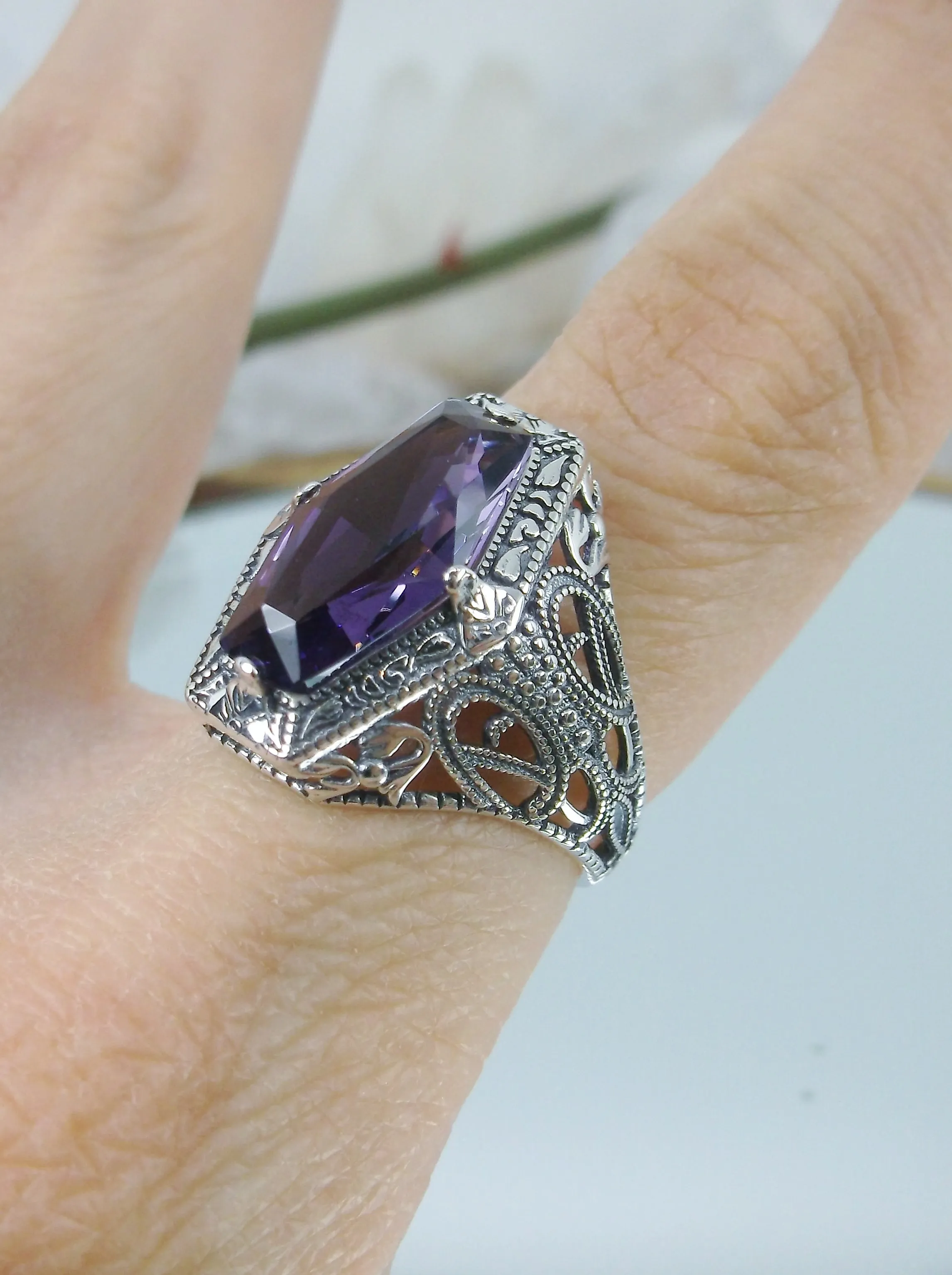 Amethyst Ring, Hexagon Gem with Art Deco Filigree, Edwardian Jewelry #D237