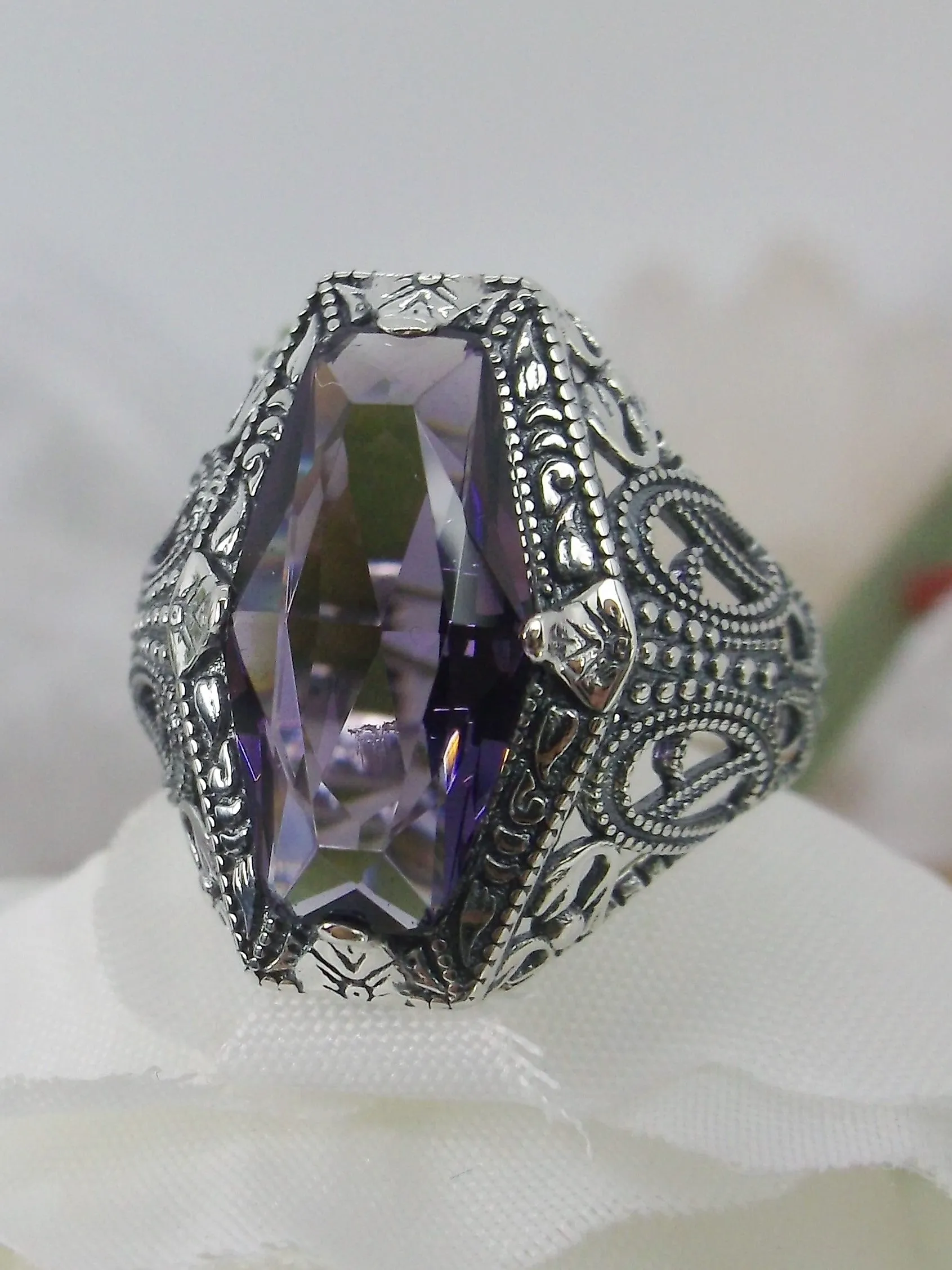 Amethyst Ring, Hexagon Gem with Art Deco Filigree, Edwardian Jewelry #D237