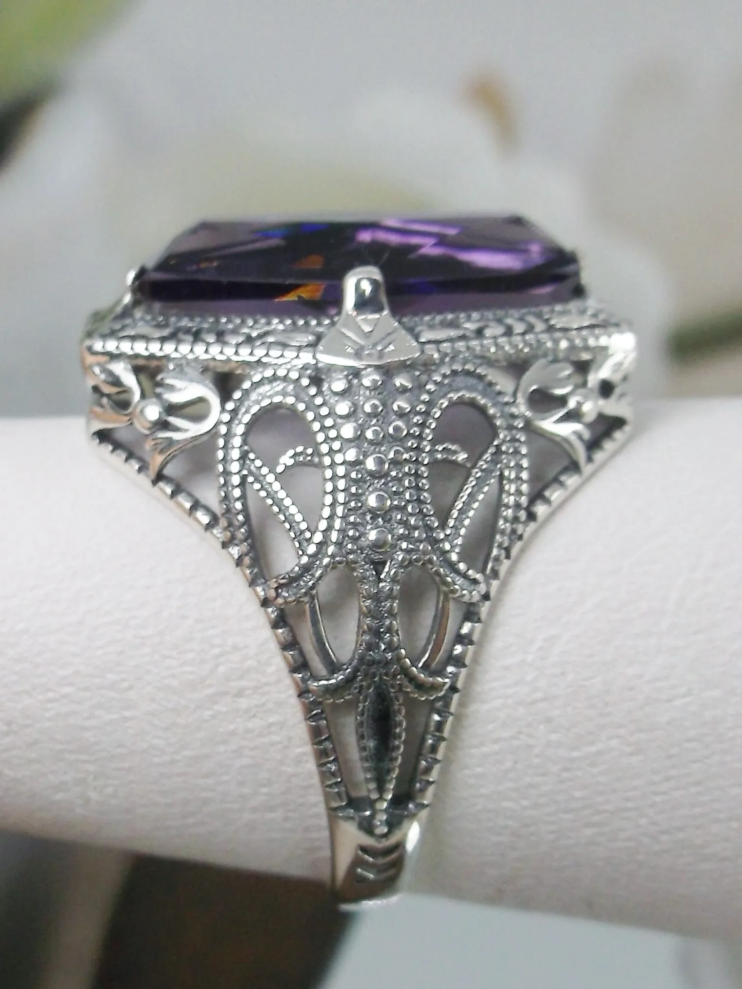 Amethyst Ring, Hexagon Gem with Art Deco Filigree, Edwardian Jewelry #D237
