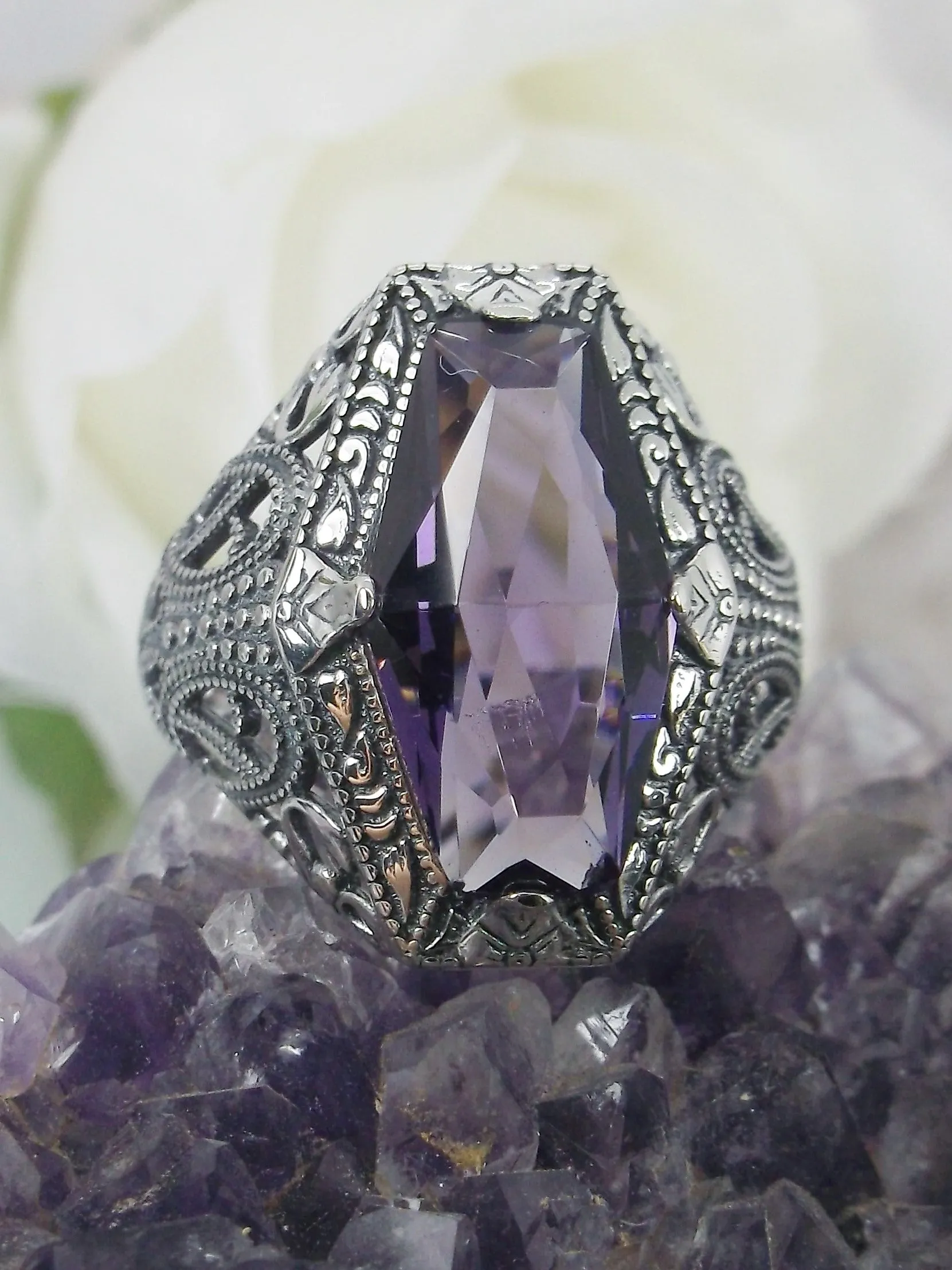 Amethyst Ring, Hexagon Gem with Art Deco Filigree, Edwardian Jewelry #D237