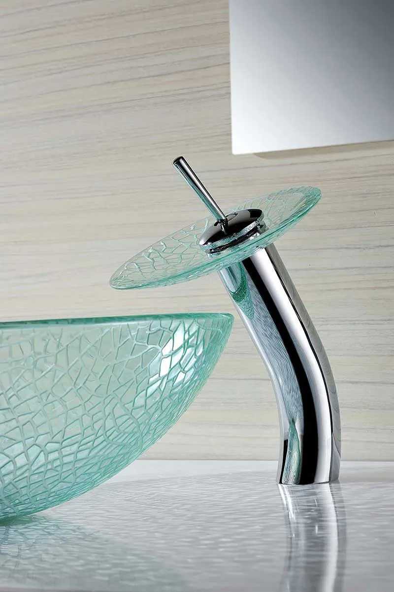 Anzzi Choir Series Deco-Glass Vessel Sink in Crystal Clear Mosaic with Matching Chrome Waterfall Faucet